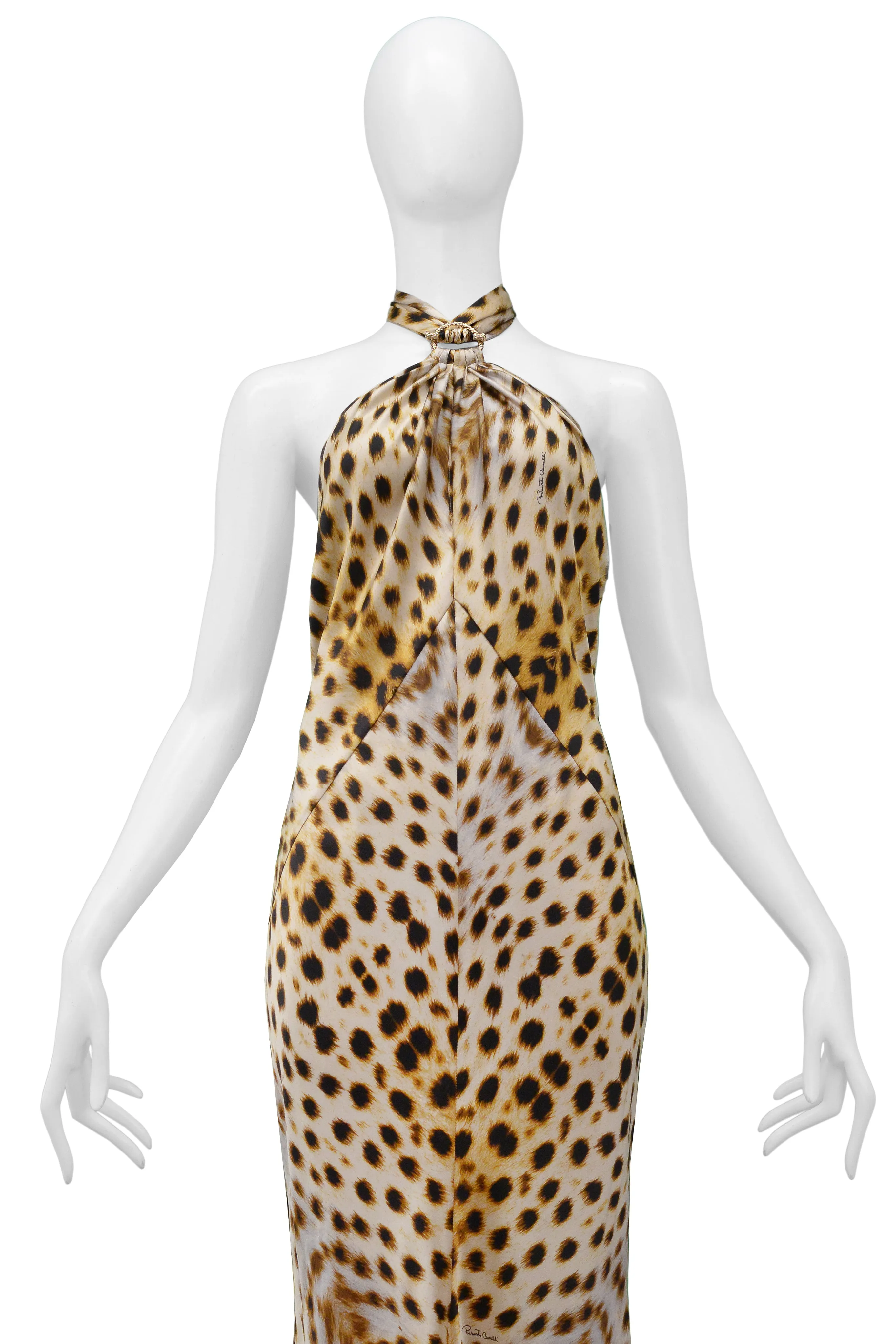 ROBERTO CAVALLI 2007 CHEETAH HALTER GOWN WITH GOLD HARDWARE