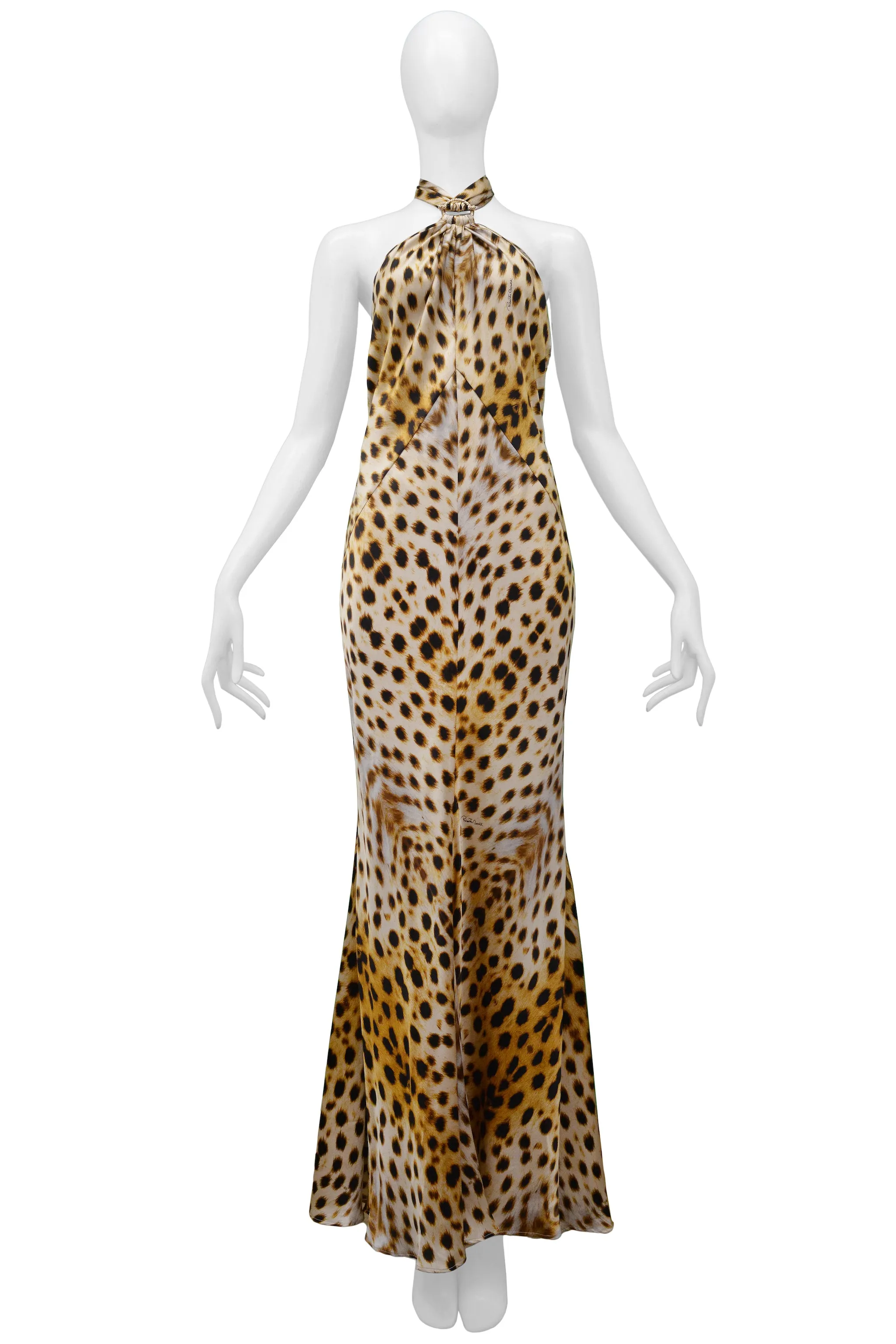 ROBERTO CAVALLI 2007 CHEETAH HALTER GOWN WITH GOLD HARDWARE