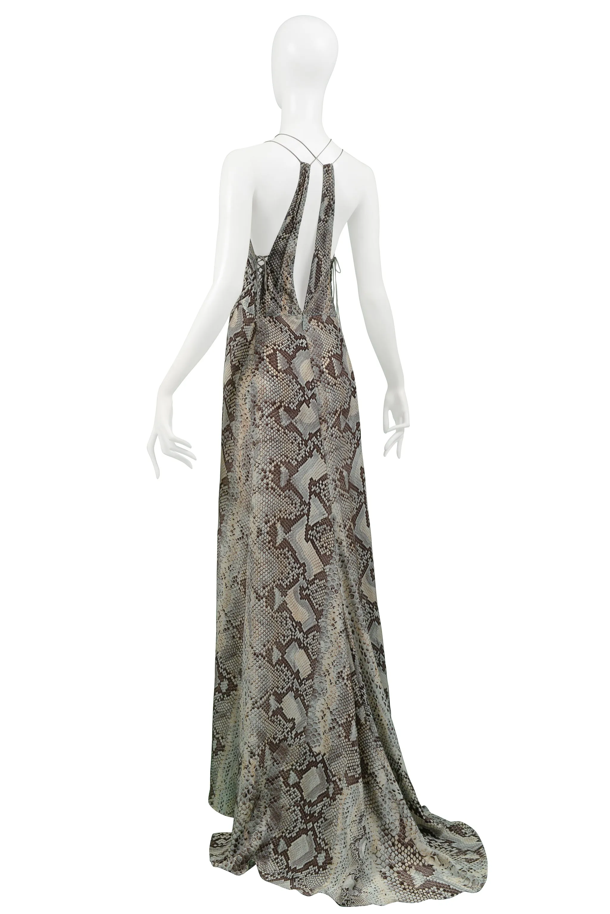 ROBERTO CAVALLI BLUE & GREY SNAKE PRINT EVENING GOWN WITH SILVER HARDWARE 2011