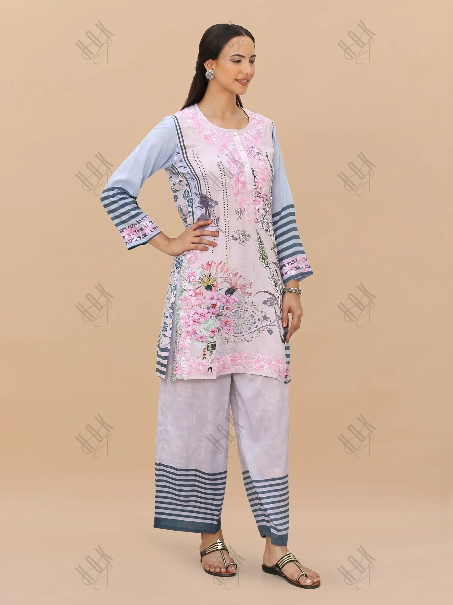 Saba Chikankari Set in Printed Polysilk - Pink Blue