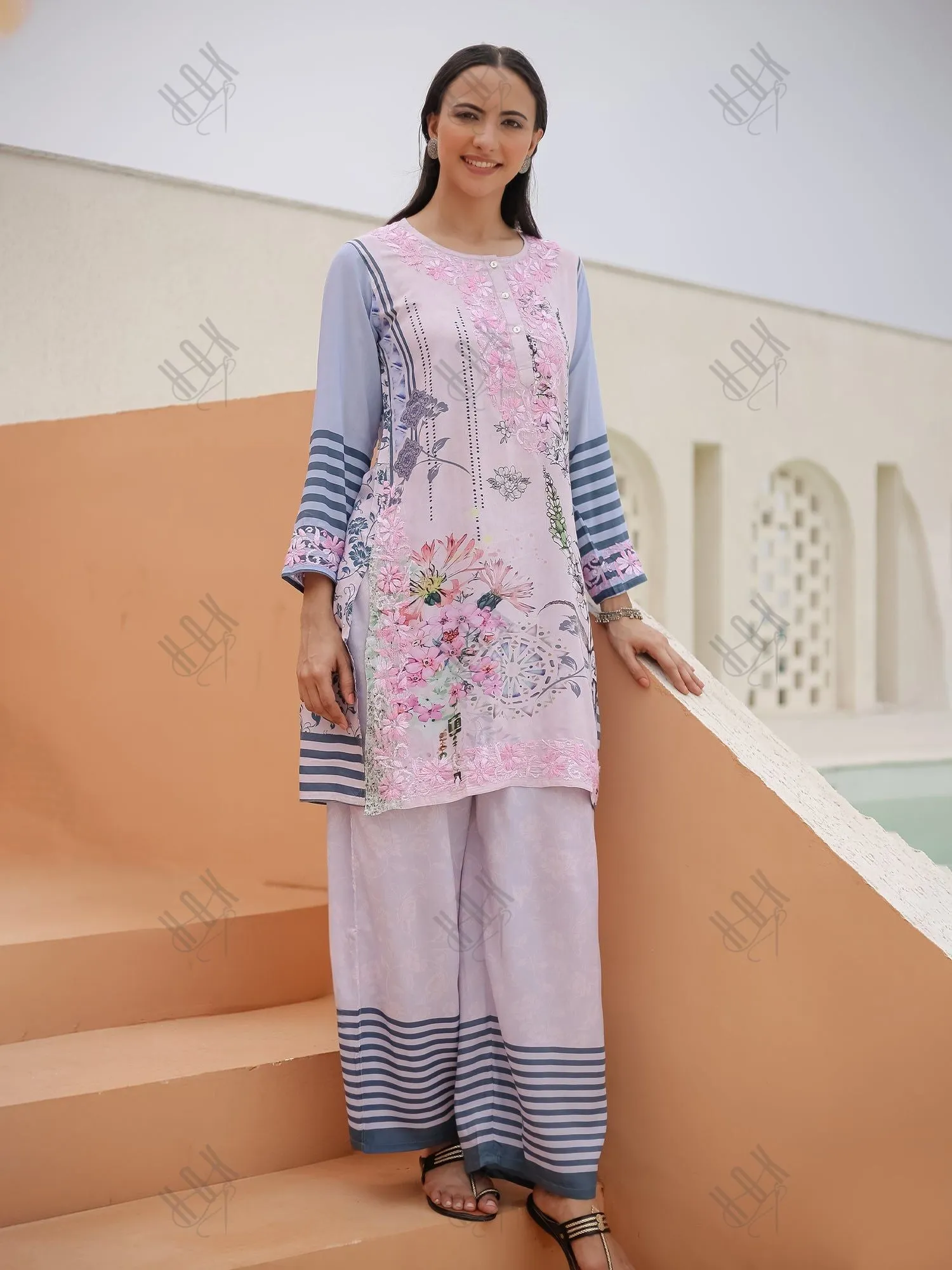 Saba Chikankari Set in Printed Polysilk - Pink Blue