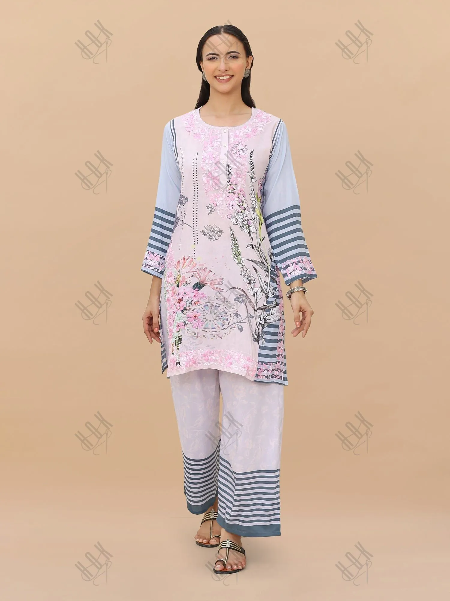 Saba Chikankari Set in Printed Polysilk - Pink Blue