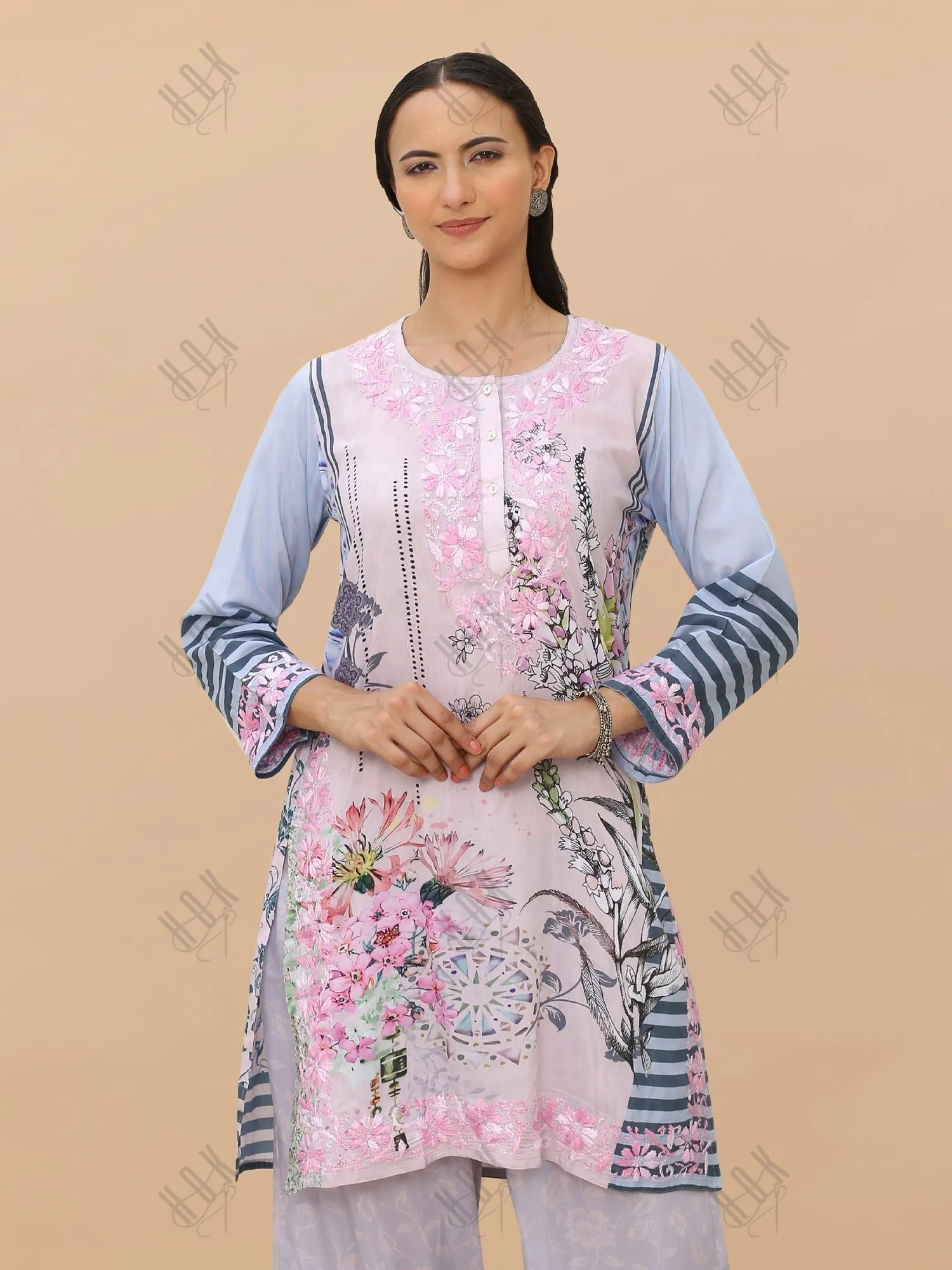 Saba Chikankari Set in Printed Polysilk - Pink Blue