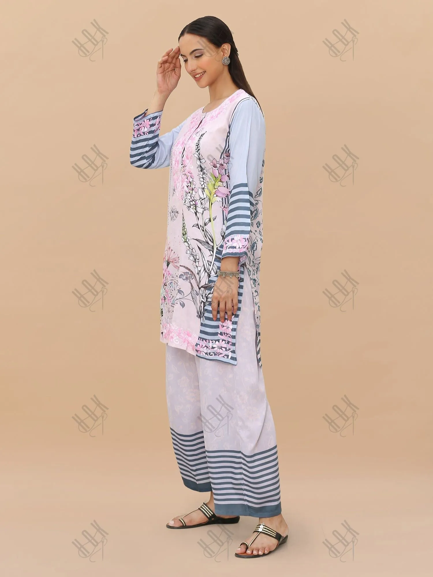 Saba Chikankari Set in Printed Polysilk - Pink Blue