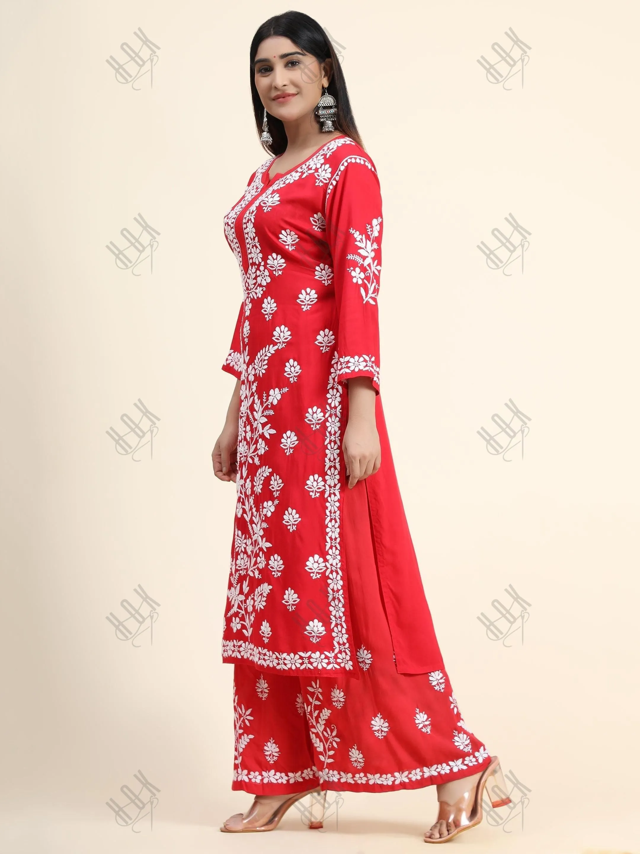 Samma Premium Hand Embroidery Chikankari Co-Ord Set in Modal Cotton - Red