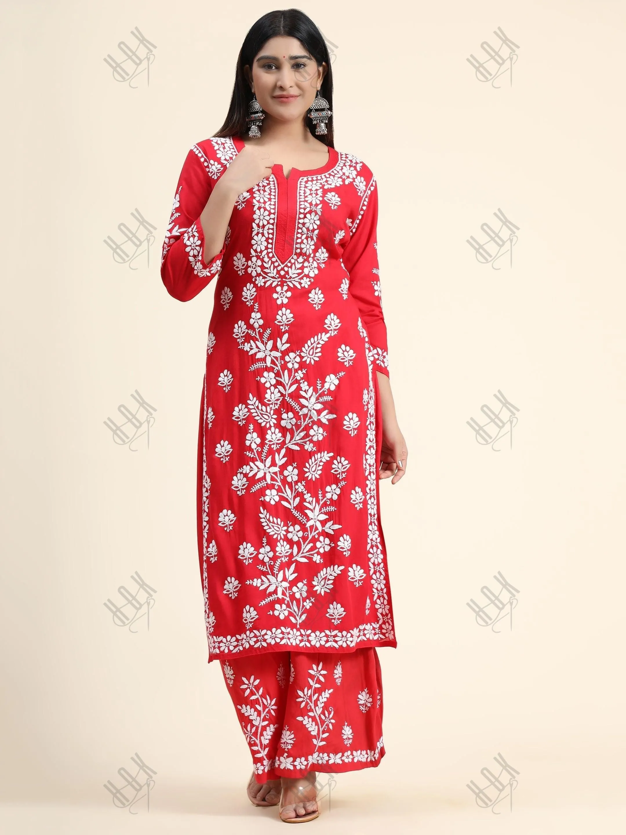 Samma Premium Hand Embroidery Chikankari Co-Ord Set in Modal Cotton - Red