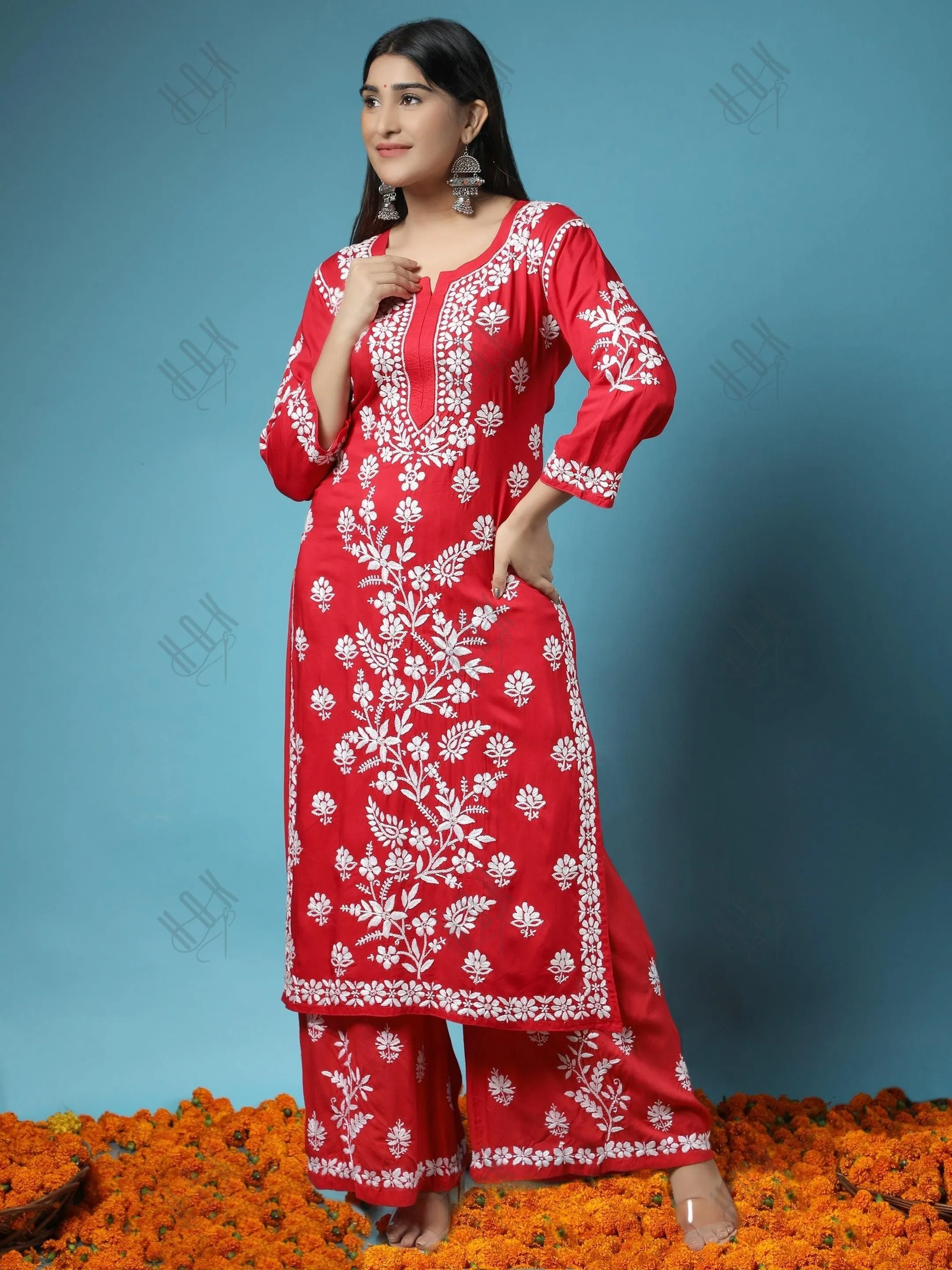 Samma Premium Hand Embroidery Chikankari Co-Ord Set in Modal Cotton - Red