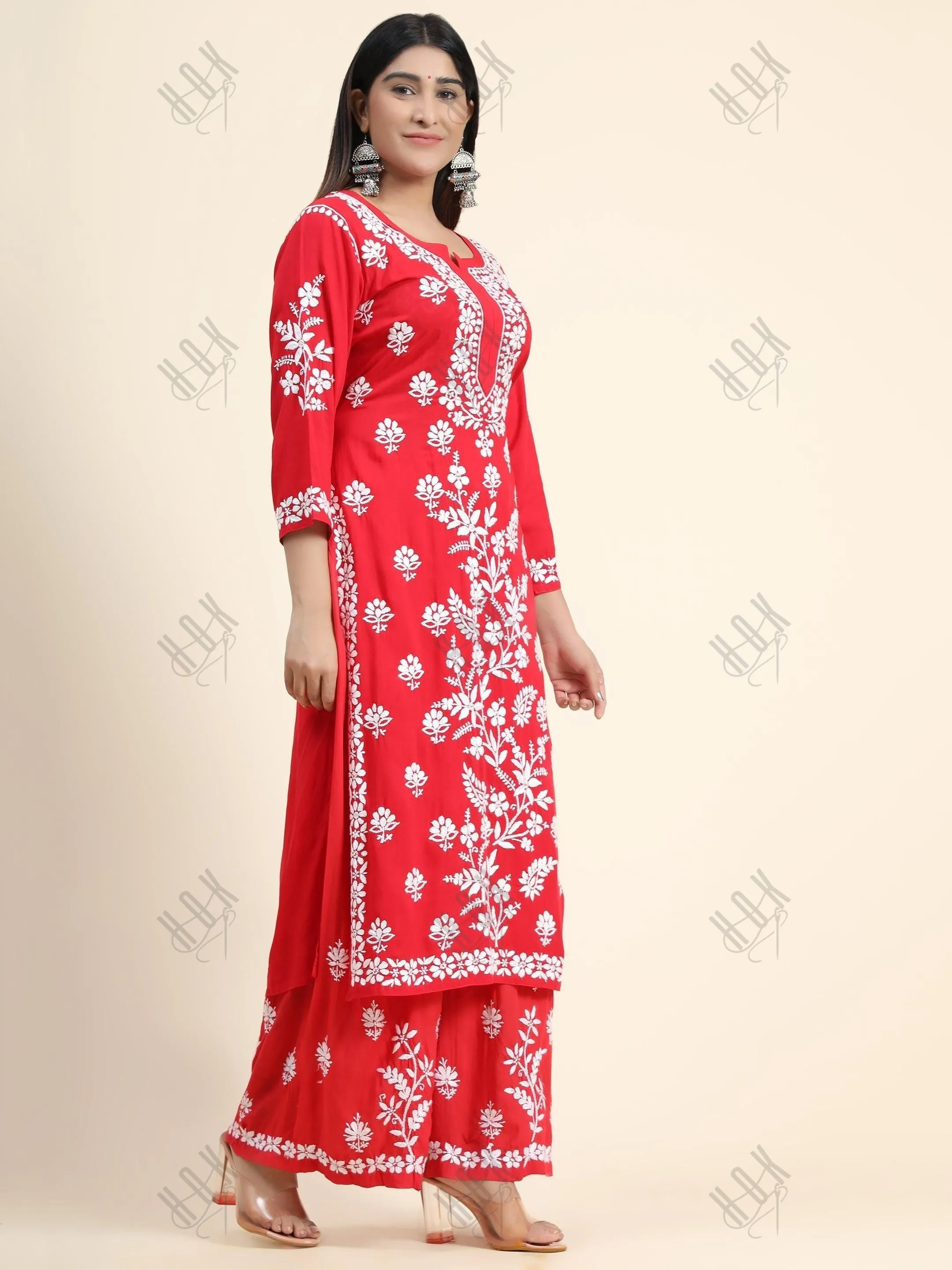 Samma Premium Hand Embroidery Chikankari Co-Ord Set in Modal Cotton - Red