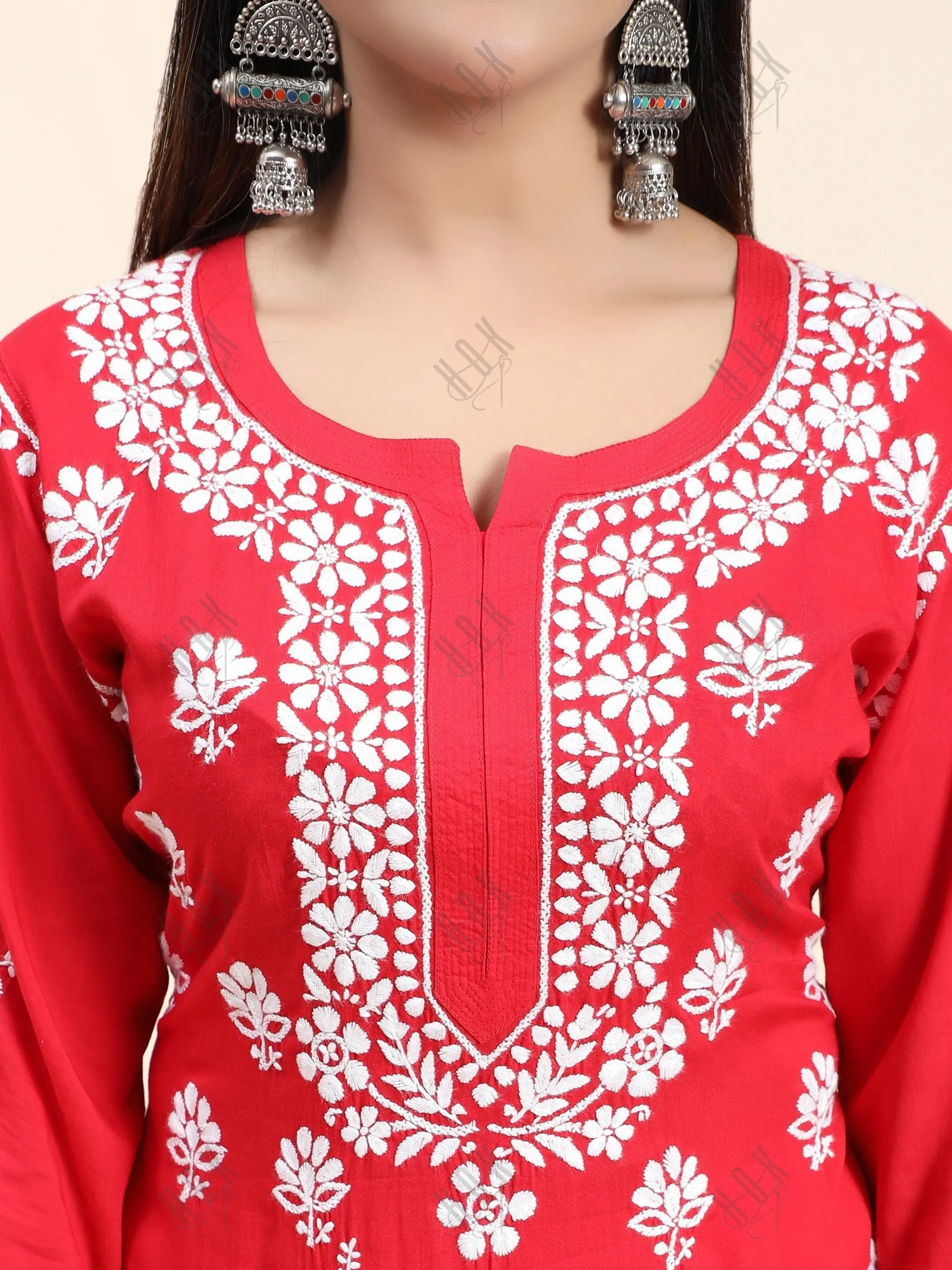 Samma Premium Hand Embroidery Chikankari Co-Ord Set in Modal Cotton - Red