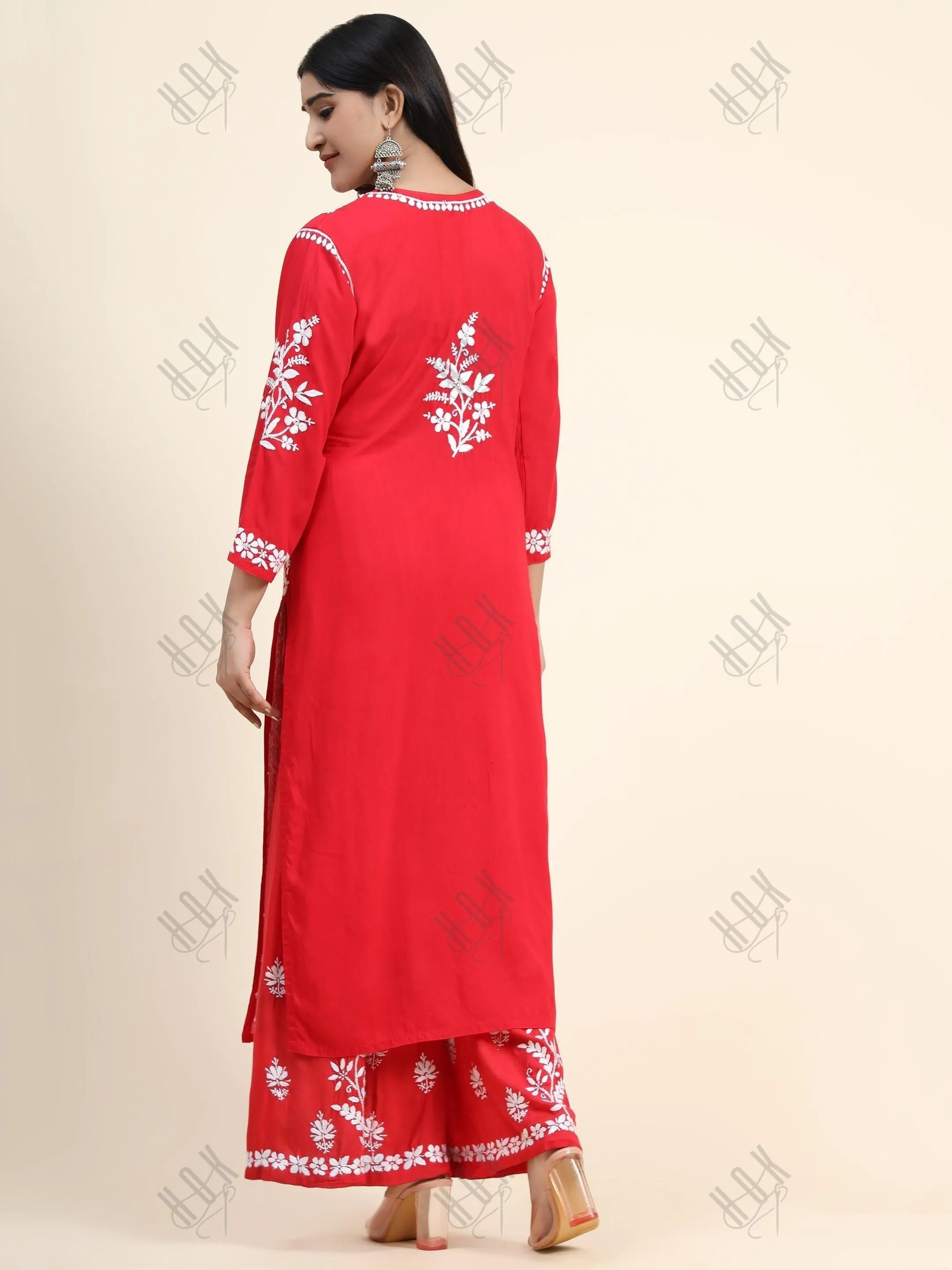 Samma Premium Hand Embroidery Chikankari Co-Ord Set in Modal Cotton - Red