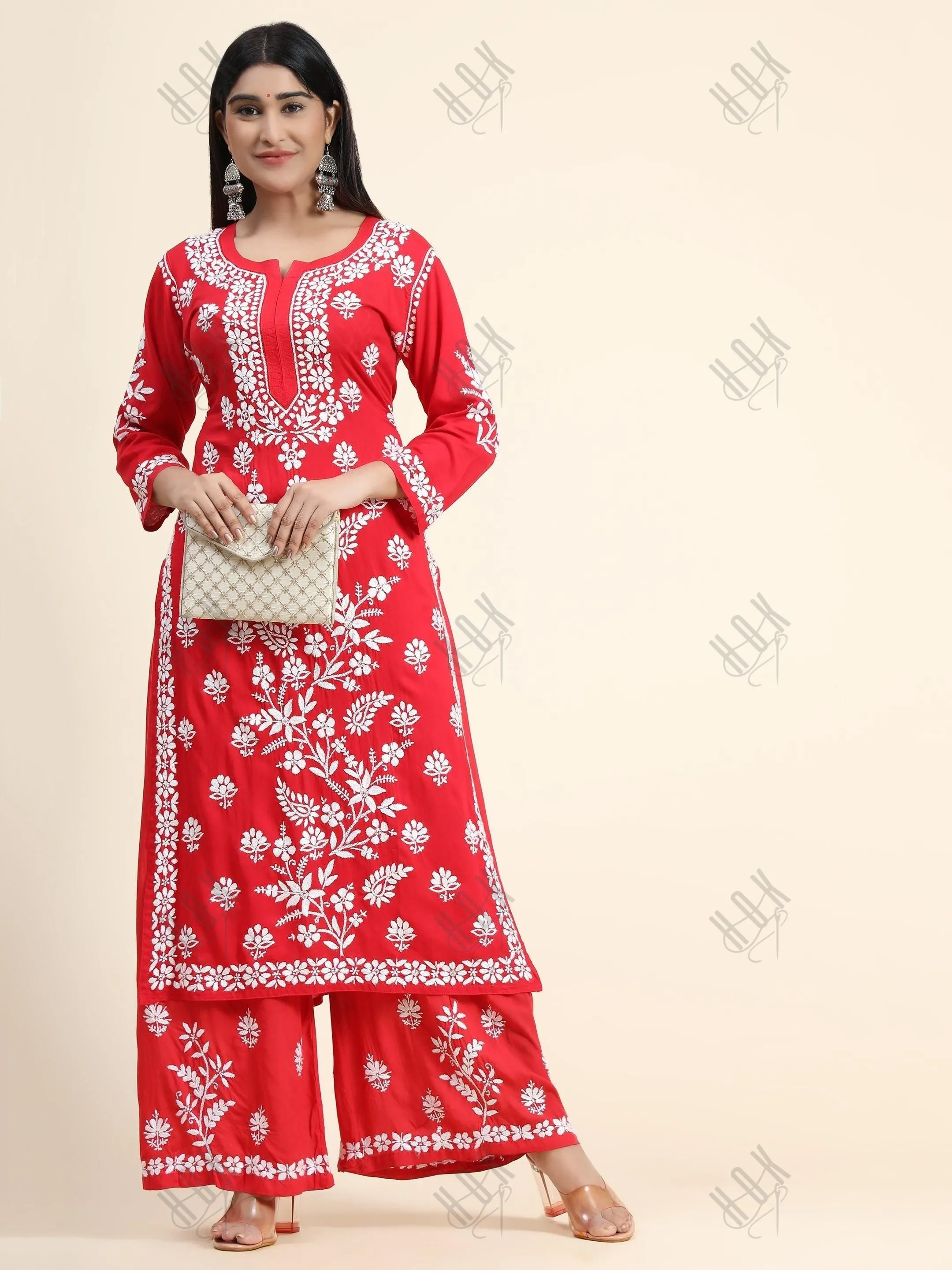 Samma Premium Hand Embroidery Chikankari Co-Ord Set in Modal Cotton - Red