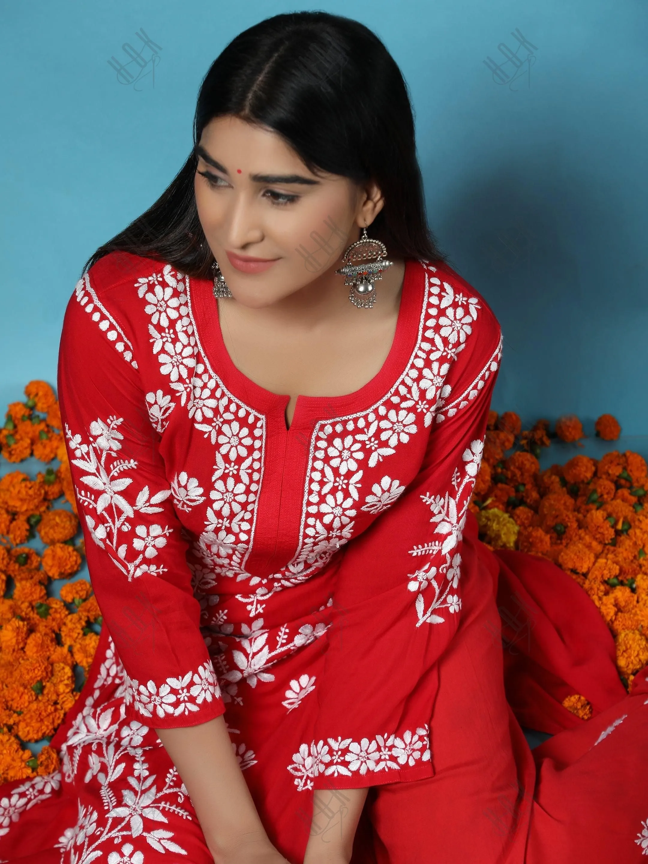 Samma Premium Hand Embroidery Chikankari Co-Ord Set in Modal Cotton - Red