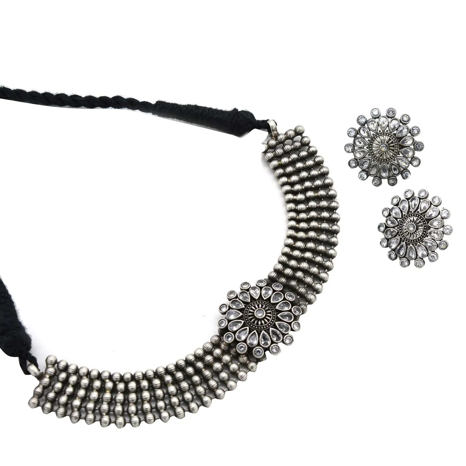 Sasha White Circular Silver Oxidized Necklace Set