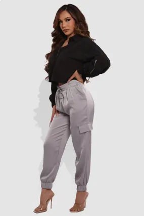 Satin Cargo Joggers With Self Waist Tie - Light Gray