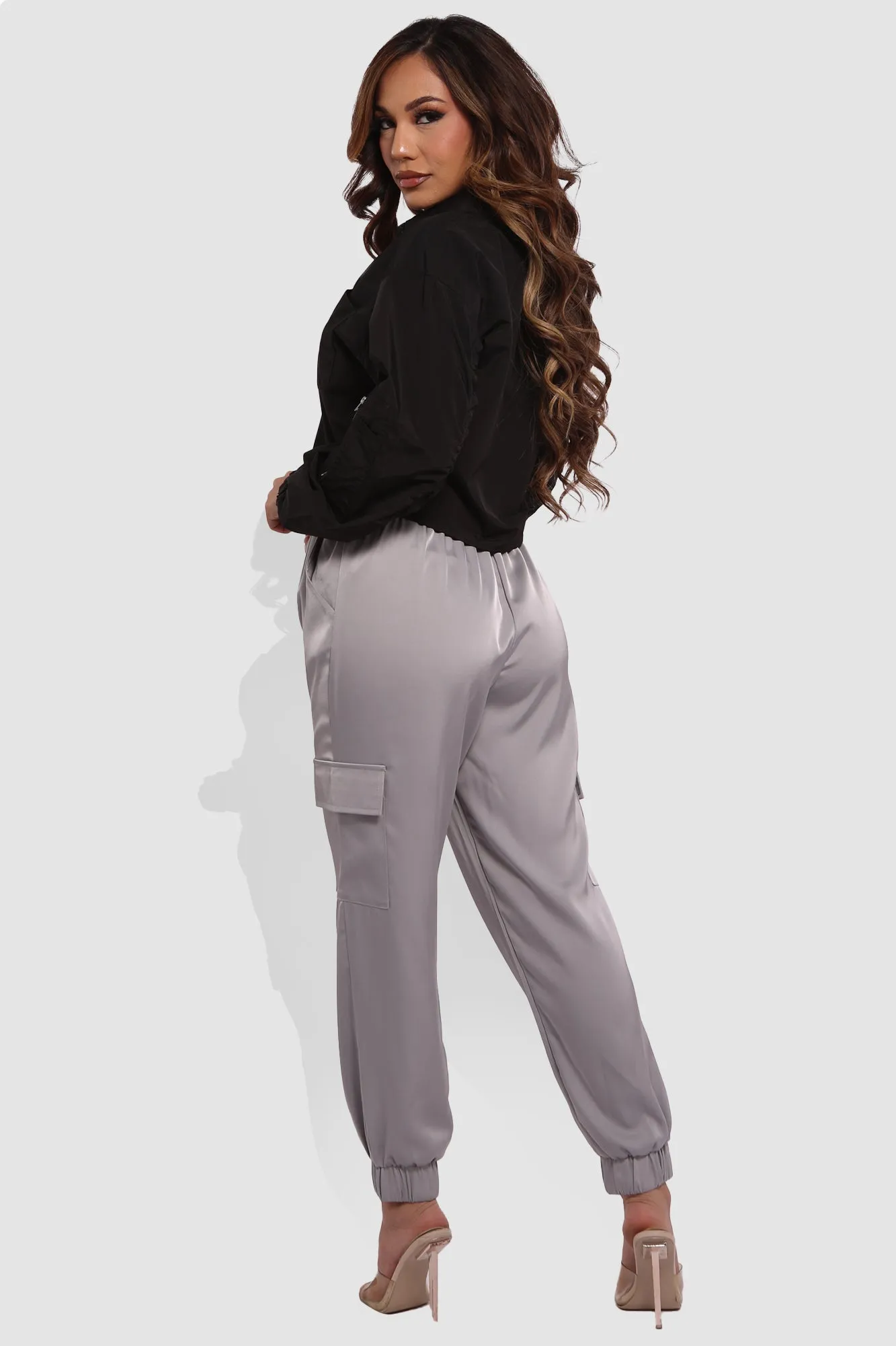 Satin Cargo Joggers With Self Waist Tie - Light Gray