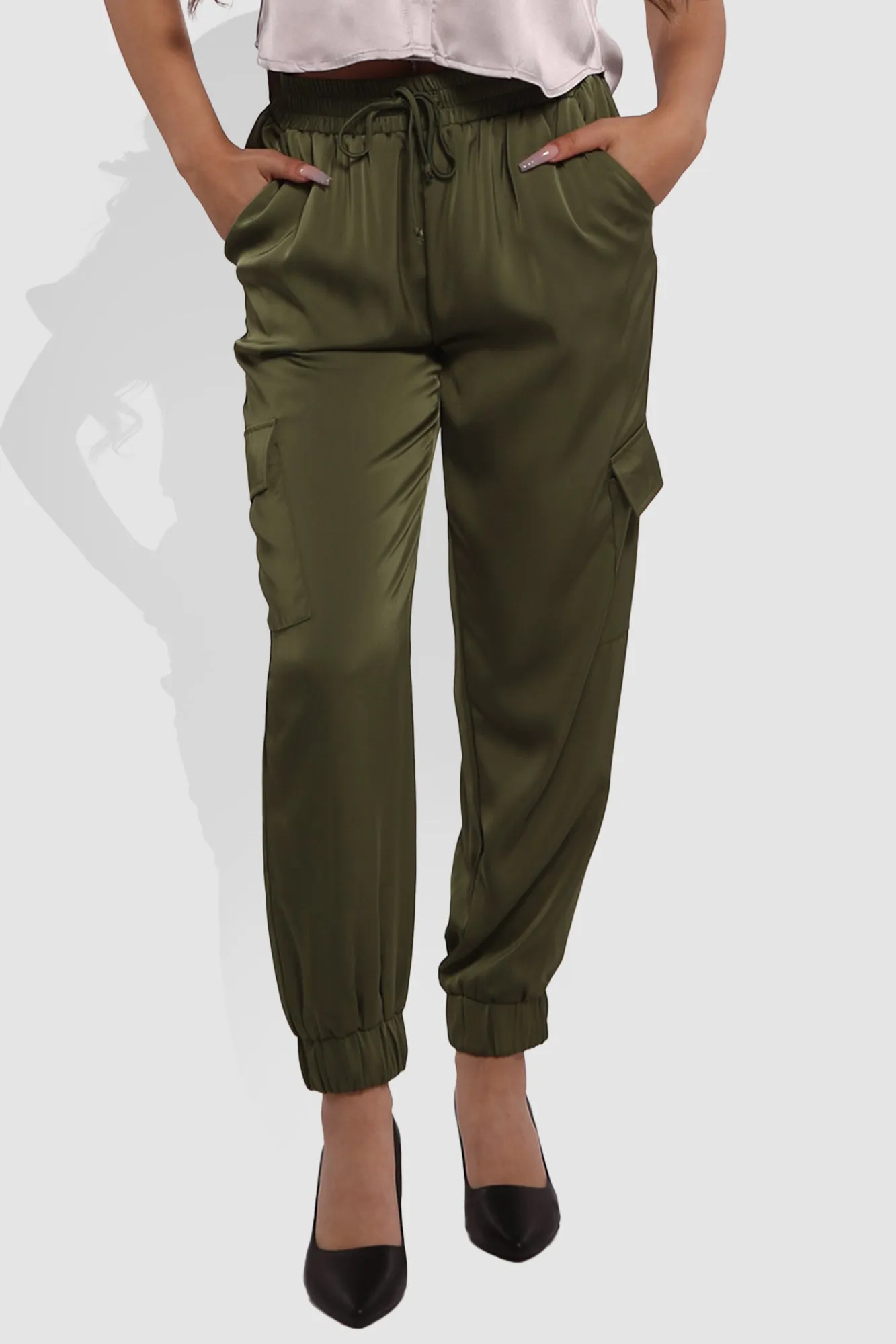 Satin Cargo Joggers With Self Waist Tie - Olive