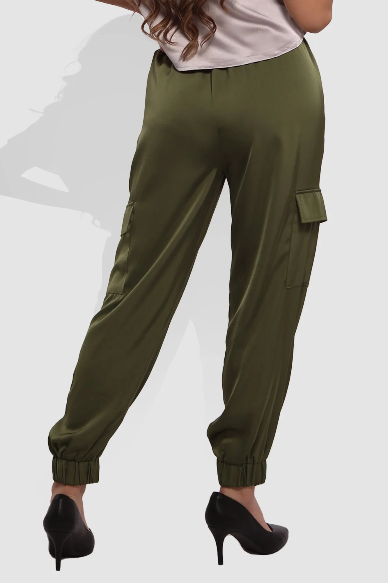 Satin Cargo Joggers With Self Waist Tie - Olive