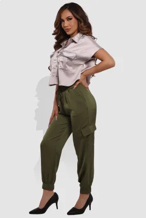 Satin Cargo Joggers With Self Waist Tie - Olive