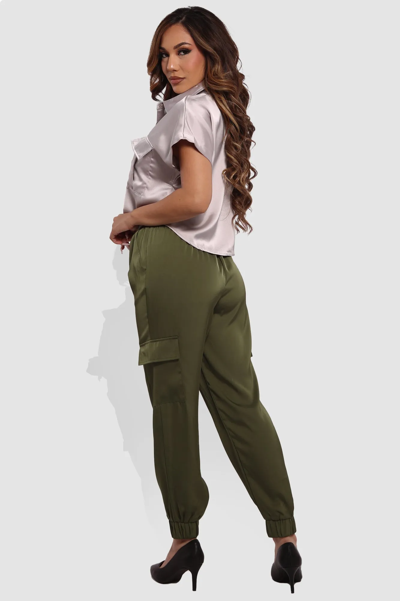 Satin Cargo Joggers With Self Waist Tie - Olive