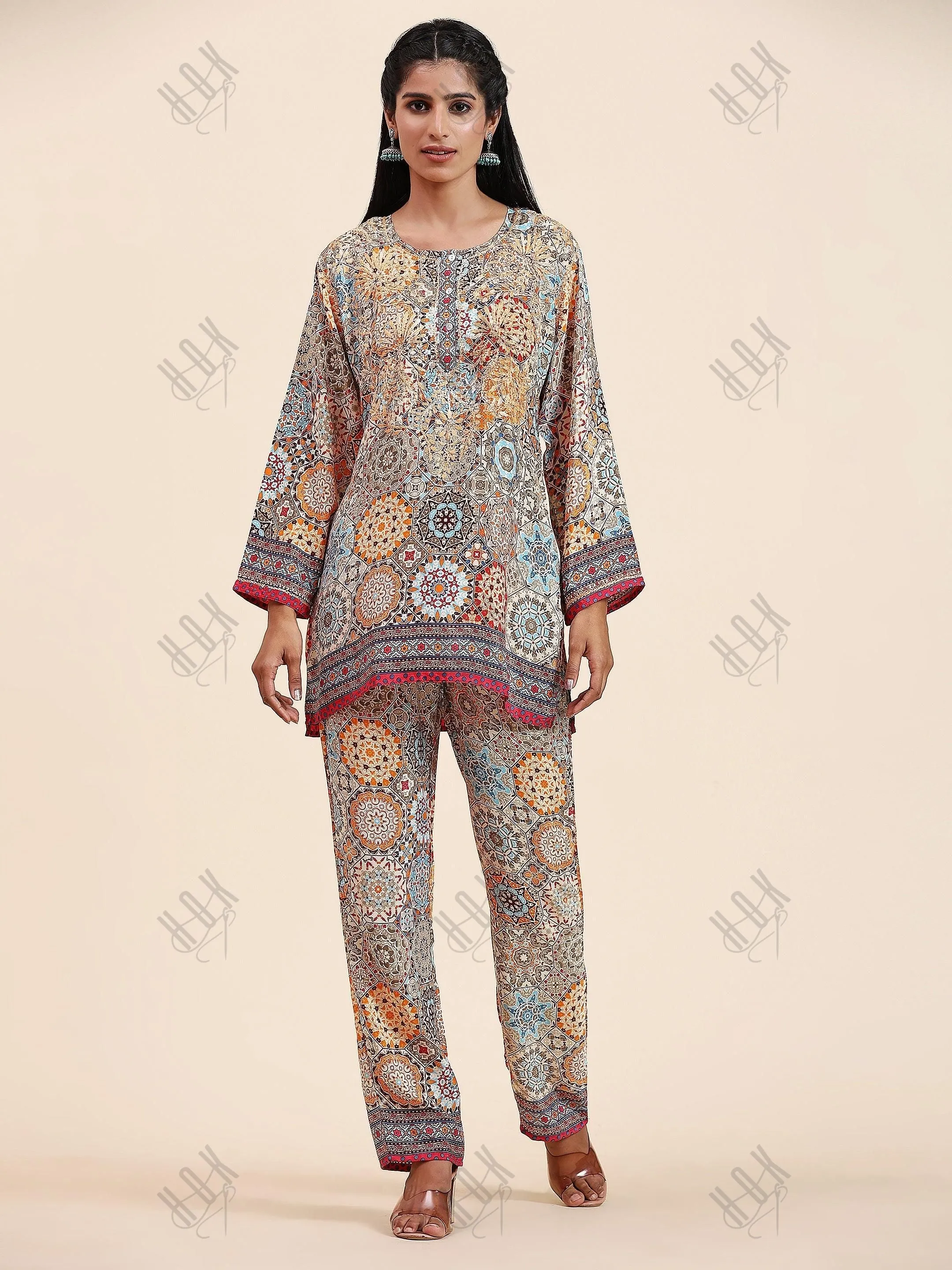 Shivani Girdhar in Samma Chikankari Co-ord Set in Polysilk for Women- Orange multicolour Print