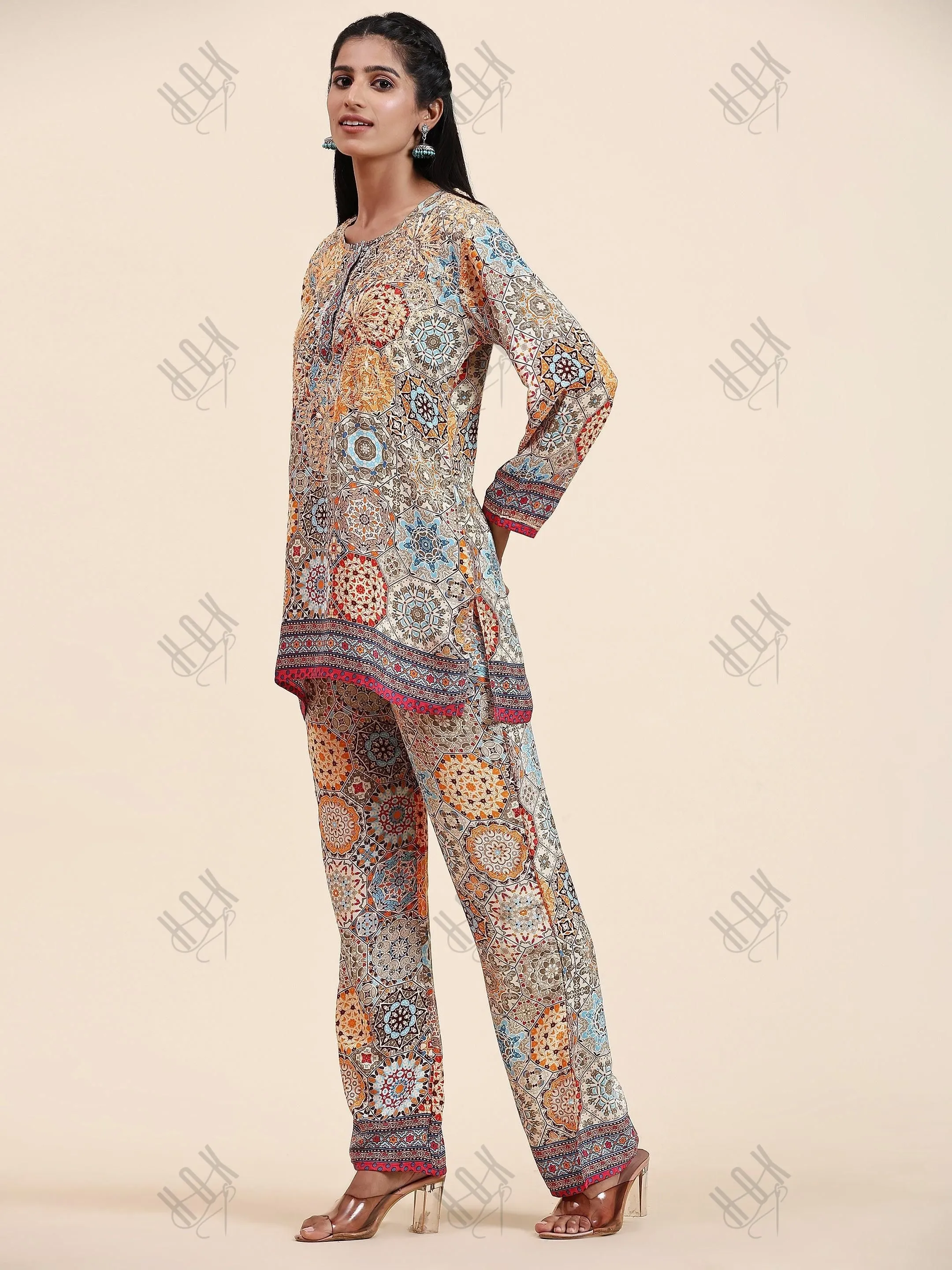 Shivani Girdhar in Samma Chikankari Co-ord Set in Polysilk for Women- Orange multicolour Print