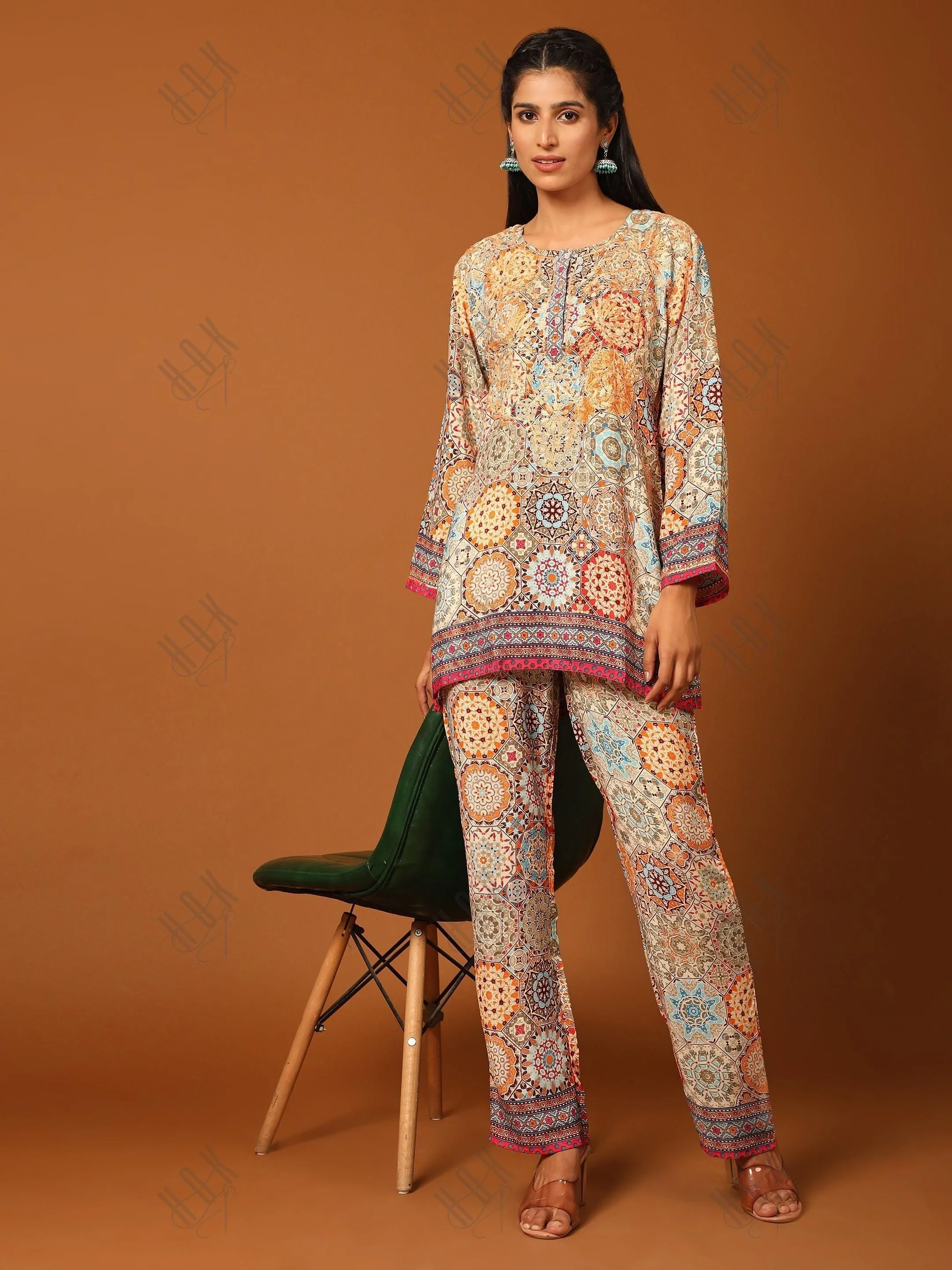 Shivani Girdhar in Samma Chikankari Co-ord Set in Polysilk for Women- Orange multicolour Print