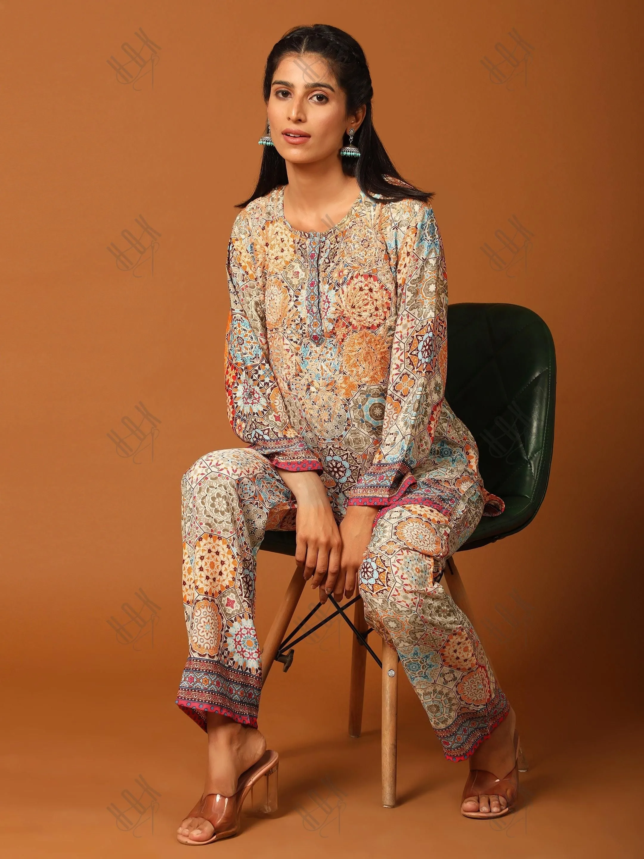 Shivani Girdhar in Samma Chikankari Co-ord Set in Polysilk for Women- Orange multicolour Print