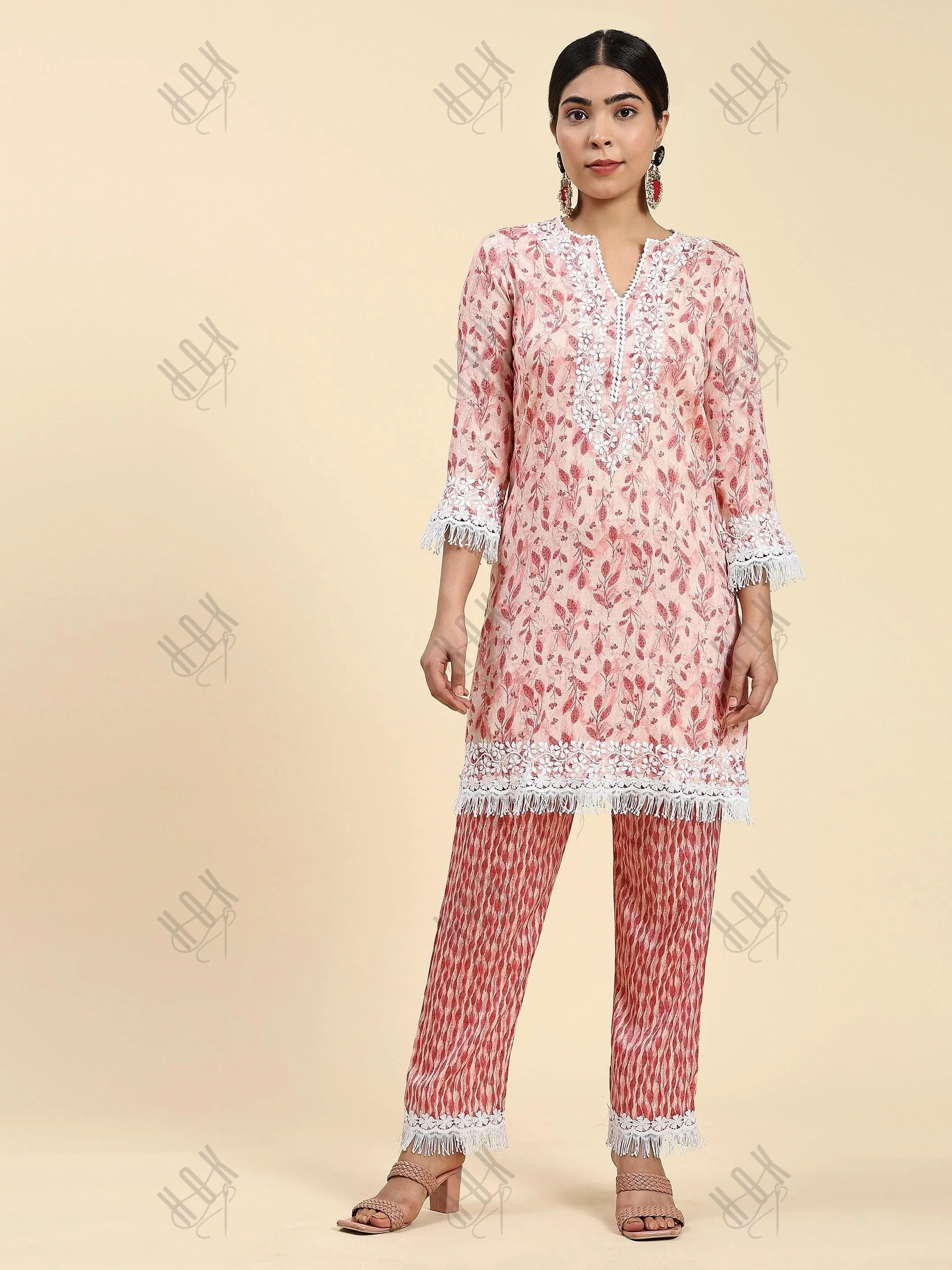 Simran in Samma Chikankari Co-ord set in Cotton for Women- Pink