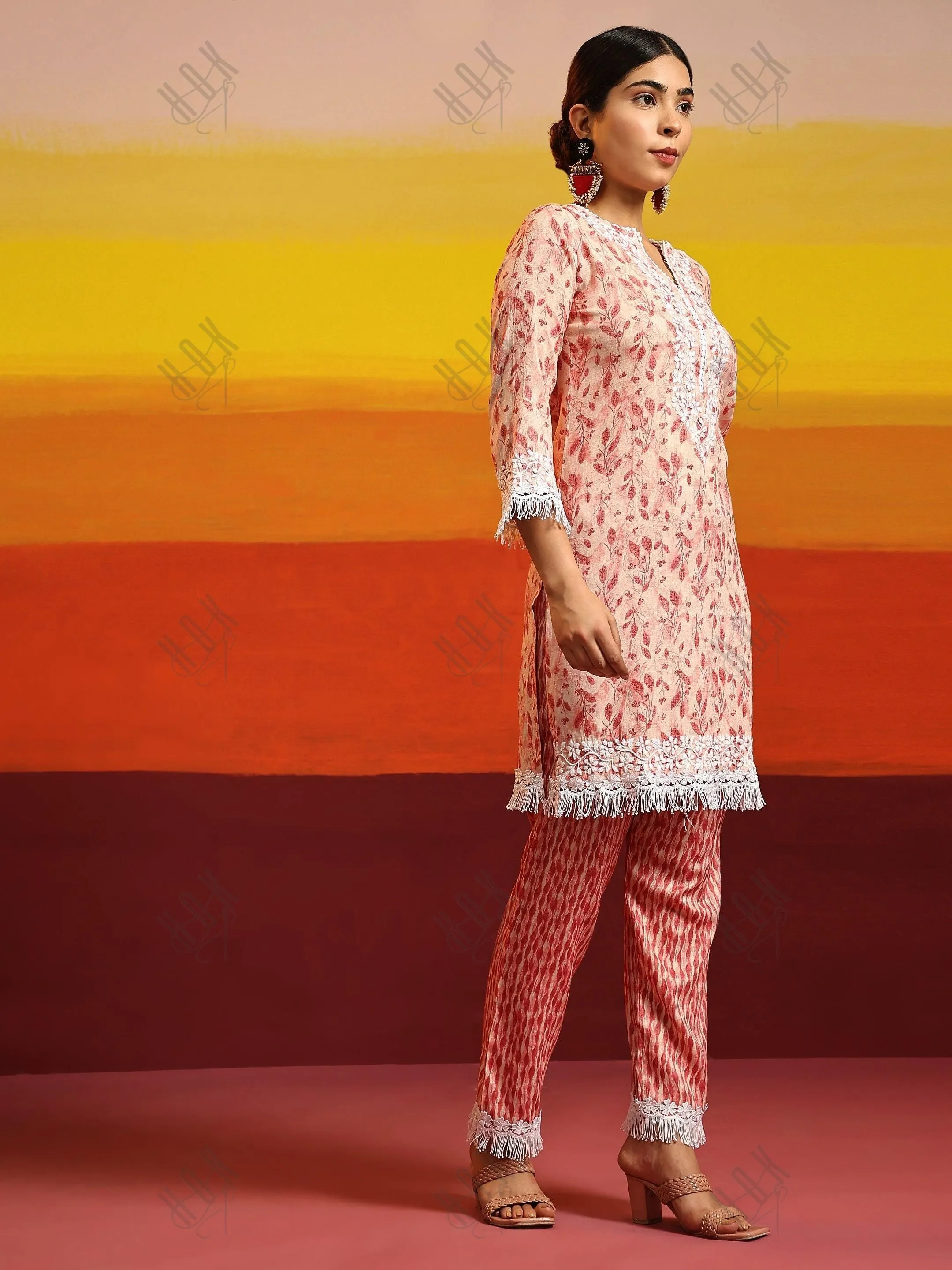 Simran in Samma Chikankari Co-ord set in Cotton for Women- Pink