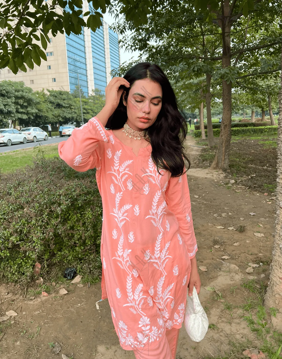 Srishti Rana Fizaa Chikankari  Short Modal Kurta Set - Peach