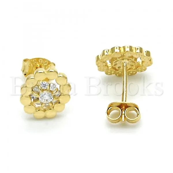 Sterling Silver 02.285.0053 Stud Earring, Flower Design, with White Cubic Zirconia, Polished Finish, Golden Tone