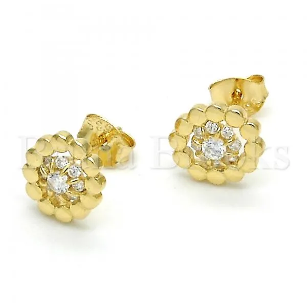 Sterling Silver 02.285.0053 Stud Earring, Flower Design, with White Cubic Zirconia, Polished Finish, Golden Tone