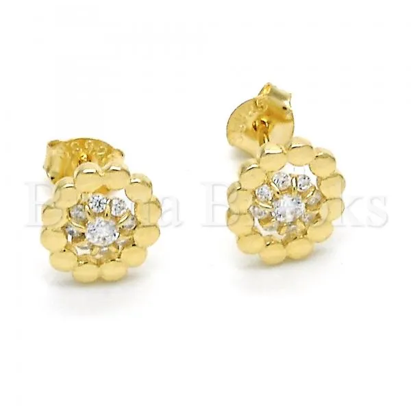 Sterling Silver 02.285.0053 Stud Earring, Flower Design, with White Cubic Zirconia, Polished Finish, Golden Tone