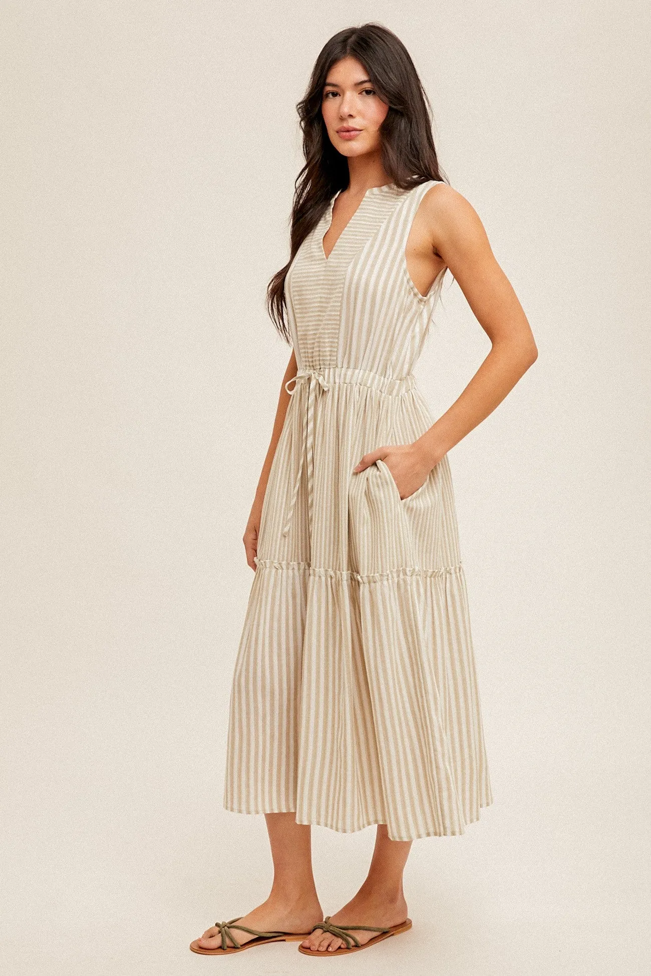 Striped Tie Waist Midi Dress