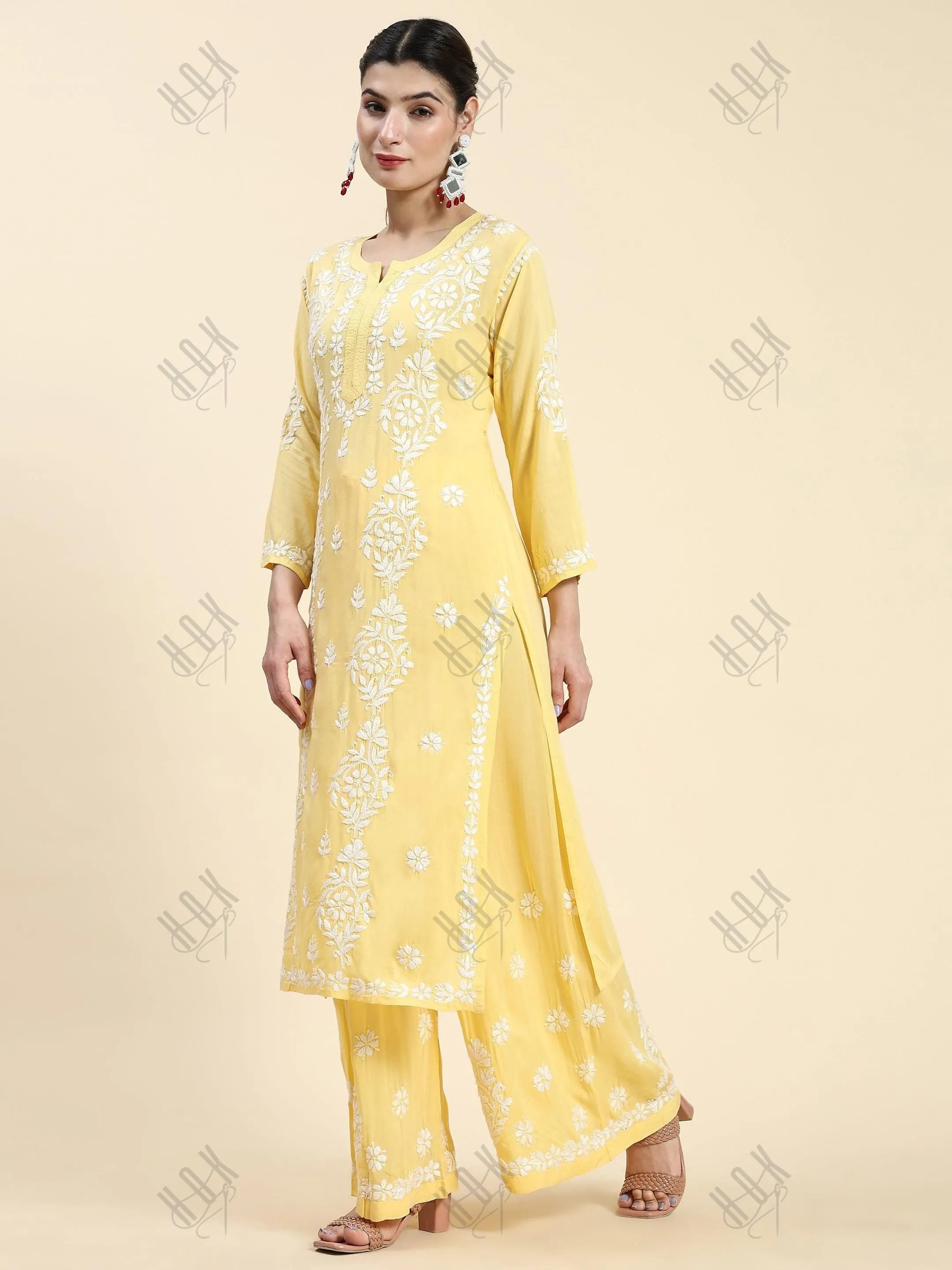 Taru in Chikankari Kurta Set Modal Cotton - Yellow