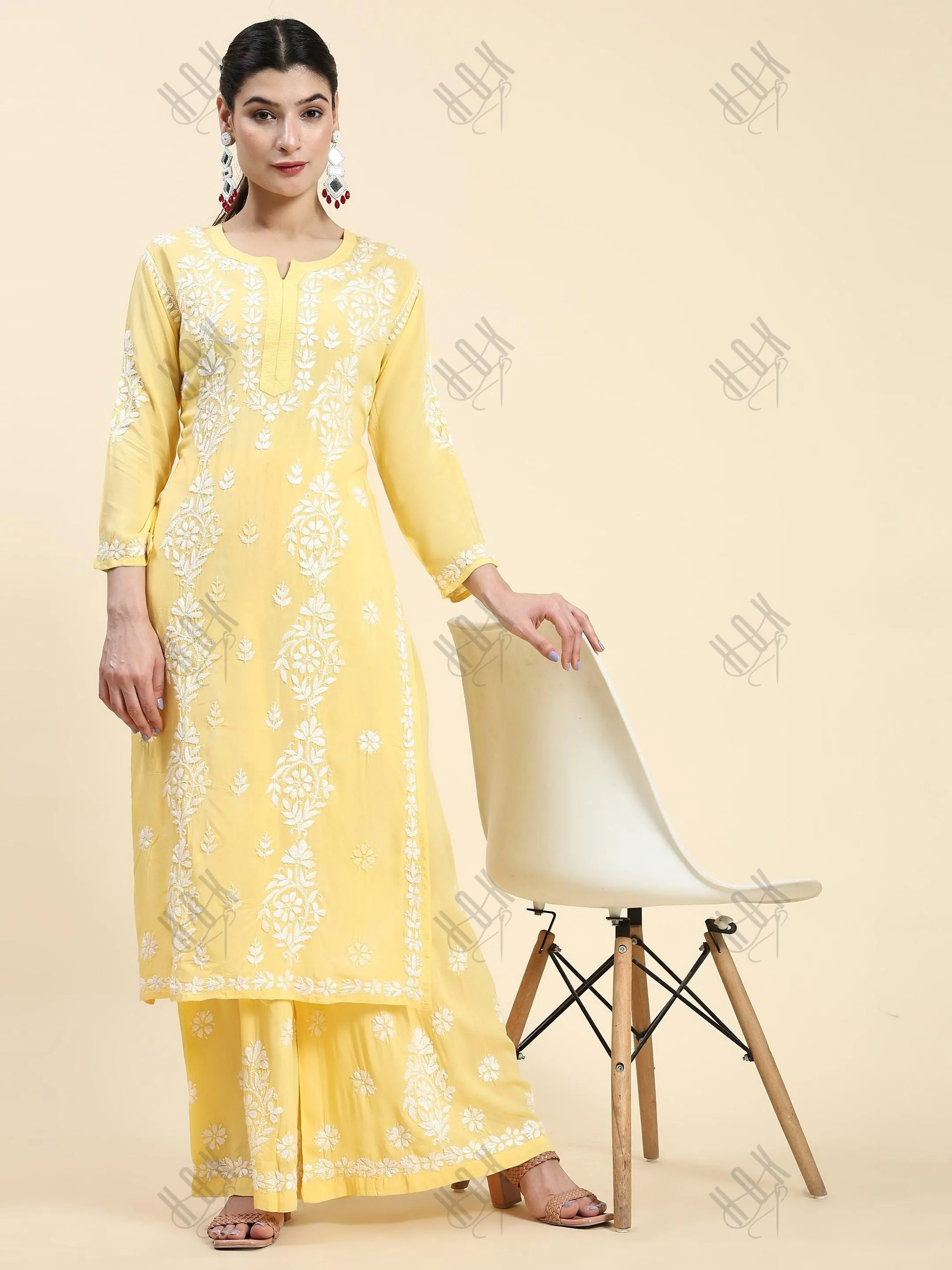 Taru in Chikankari Kurta Set Modal Cotton - Yellow