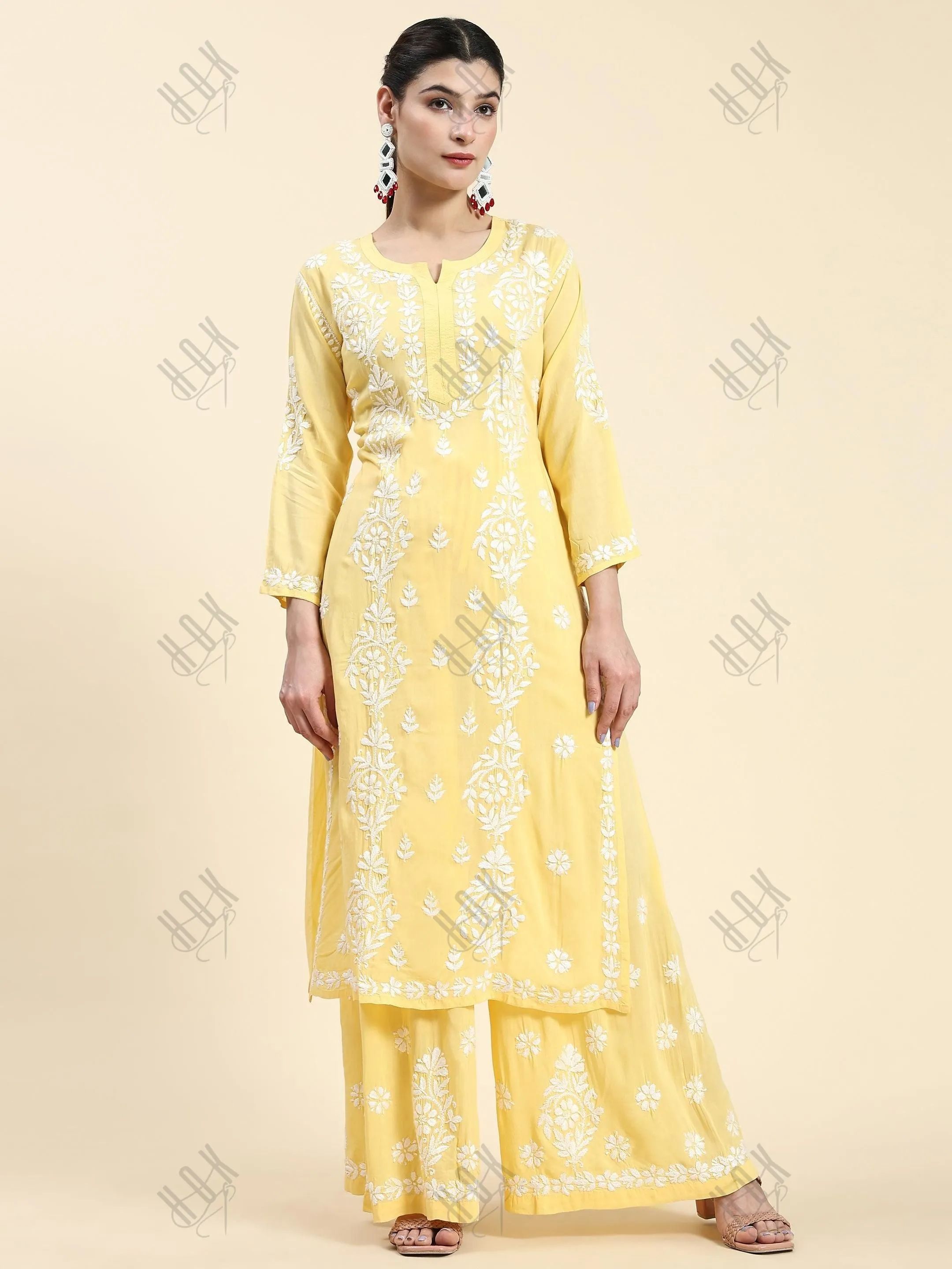 Taru in Chikankari Kurta Set Modal Cotton - Yellow