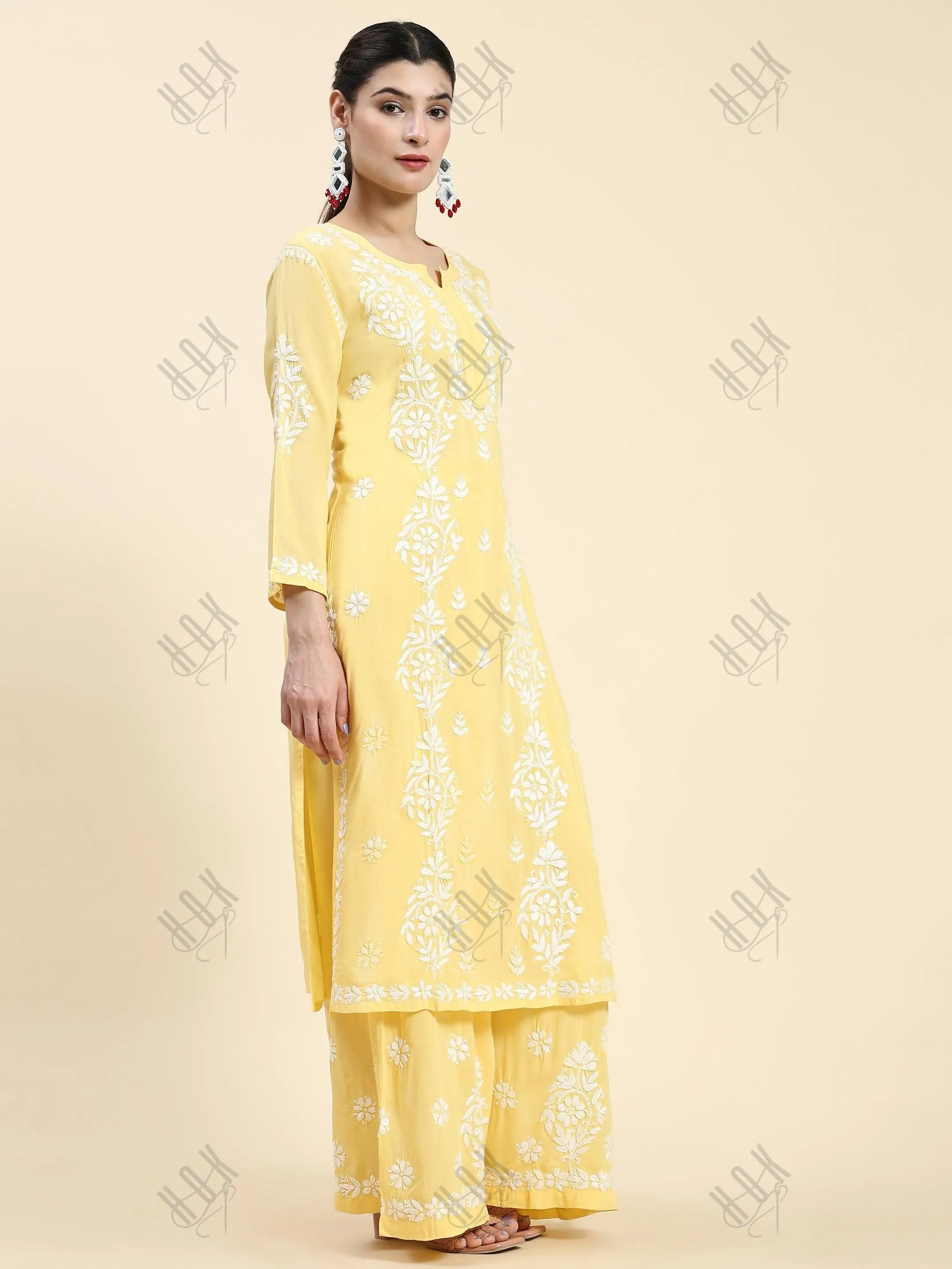 Taru in Chikankari Kurta Set Modal Cotton - Yellow