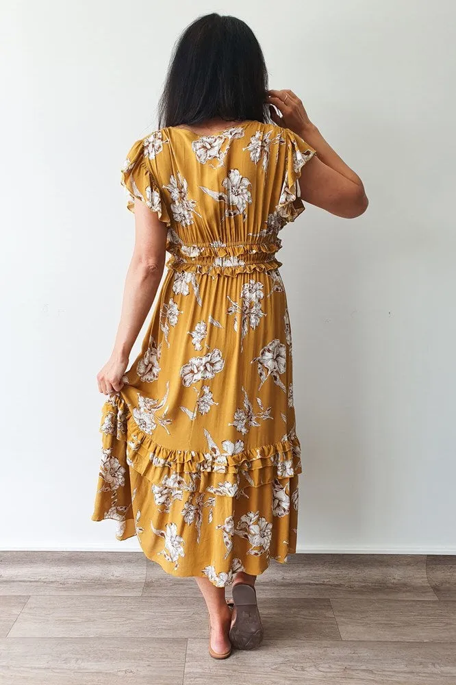 Tequila Sunrise Rayon Midi Dress Mustard