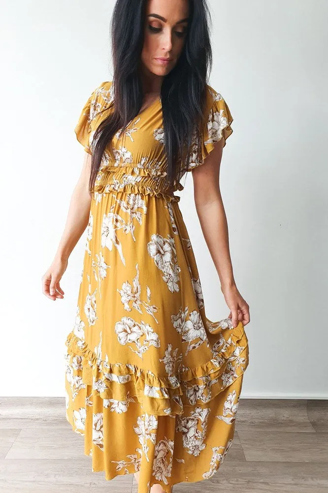 Tequila Sunrise Rayon Midi Dress Mustard