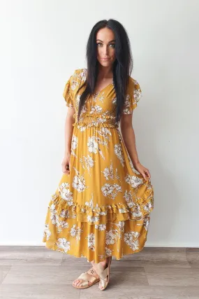 Tequila Sunrise Rayon Midi Dress Mustard