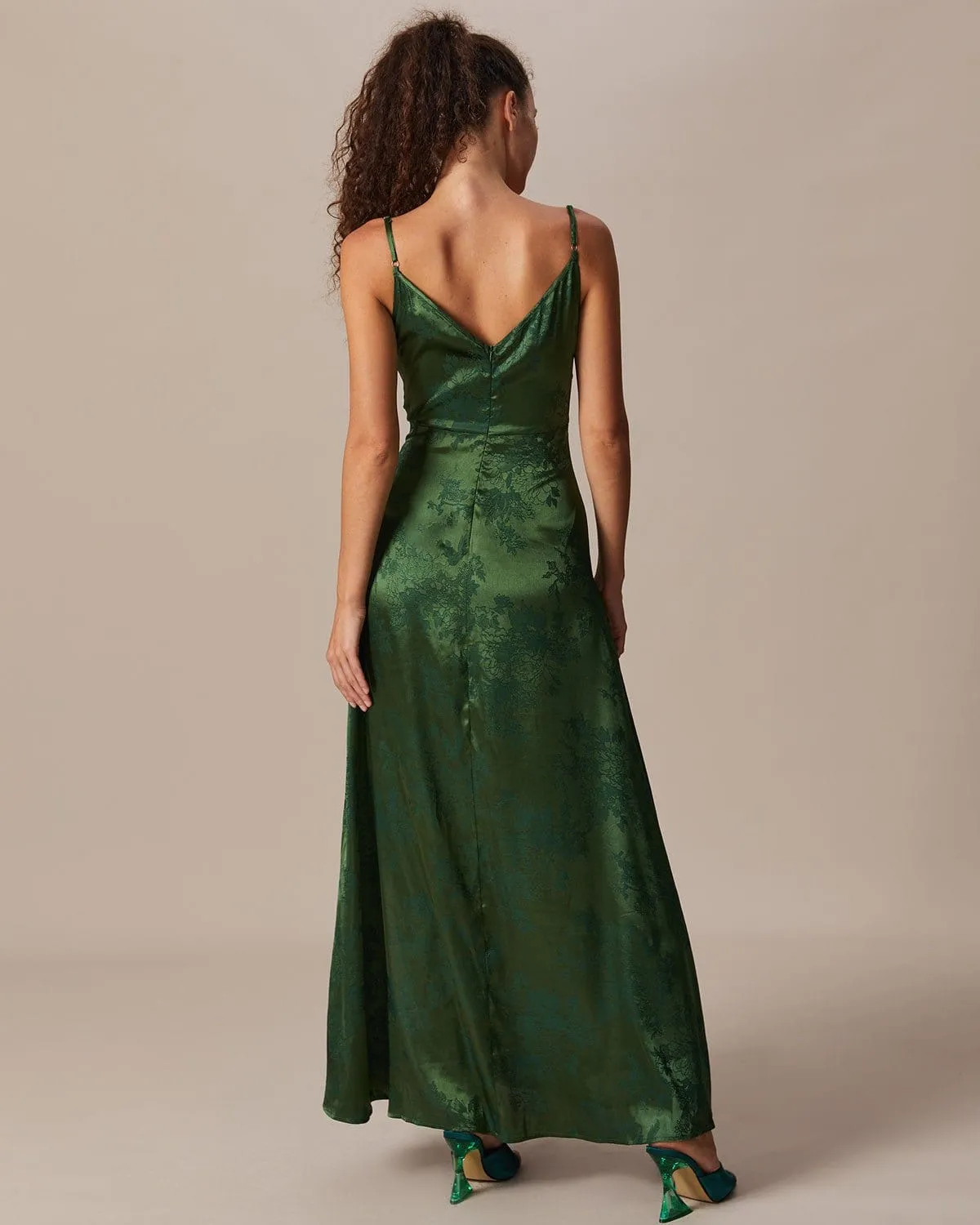 The Green Cowl Neck Jacquard Satin Maxi Dress