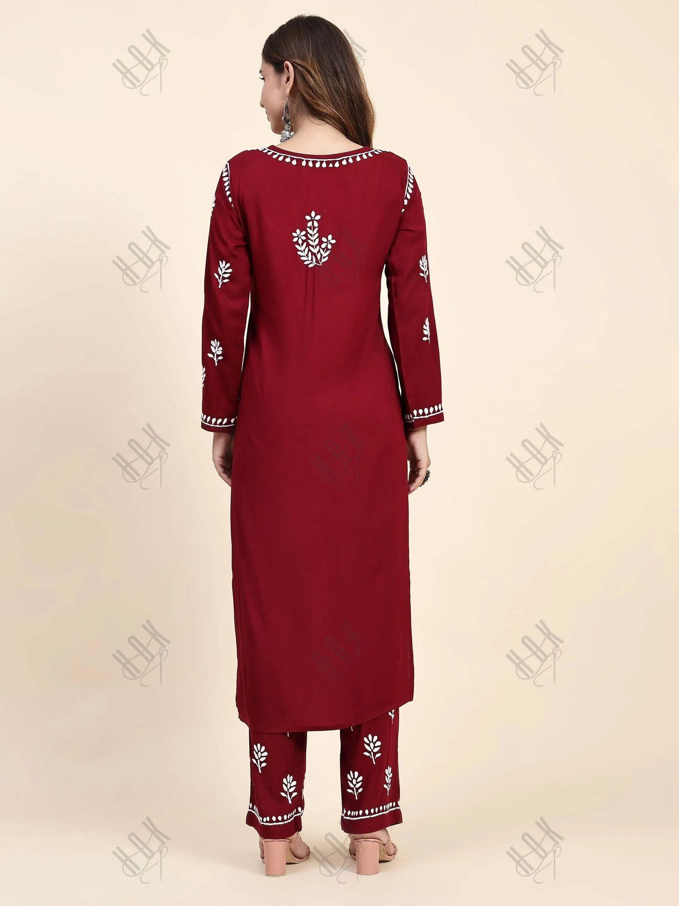 Urmi in Fizaa Chikankari  Long Modal Kurta Set - Maroon