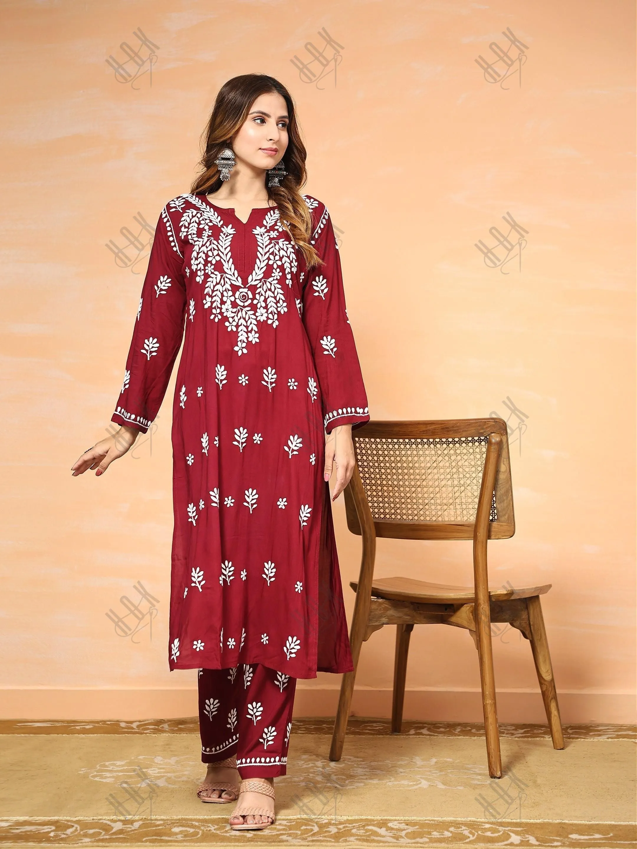 Urmi in Fizaa Chikankari  Long Modal Kurta Set - Maroon