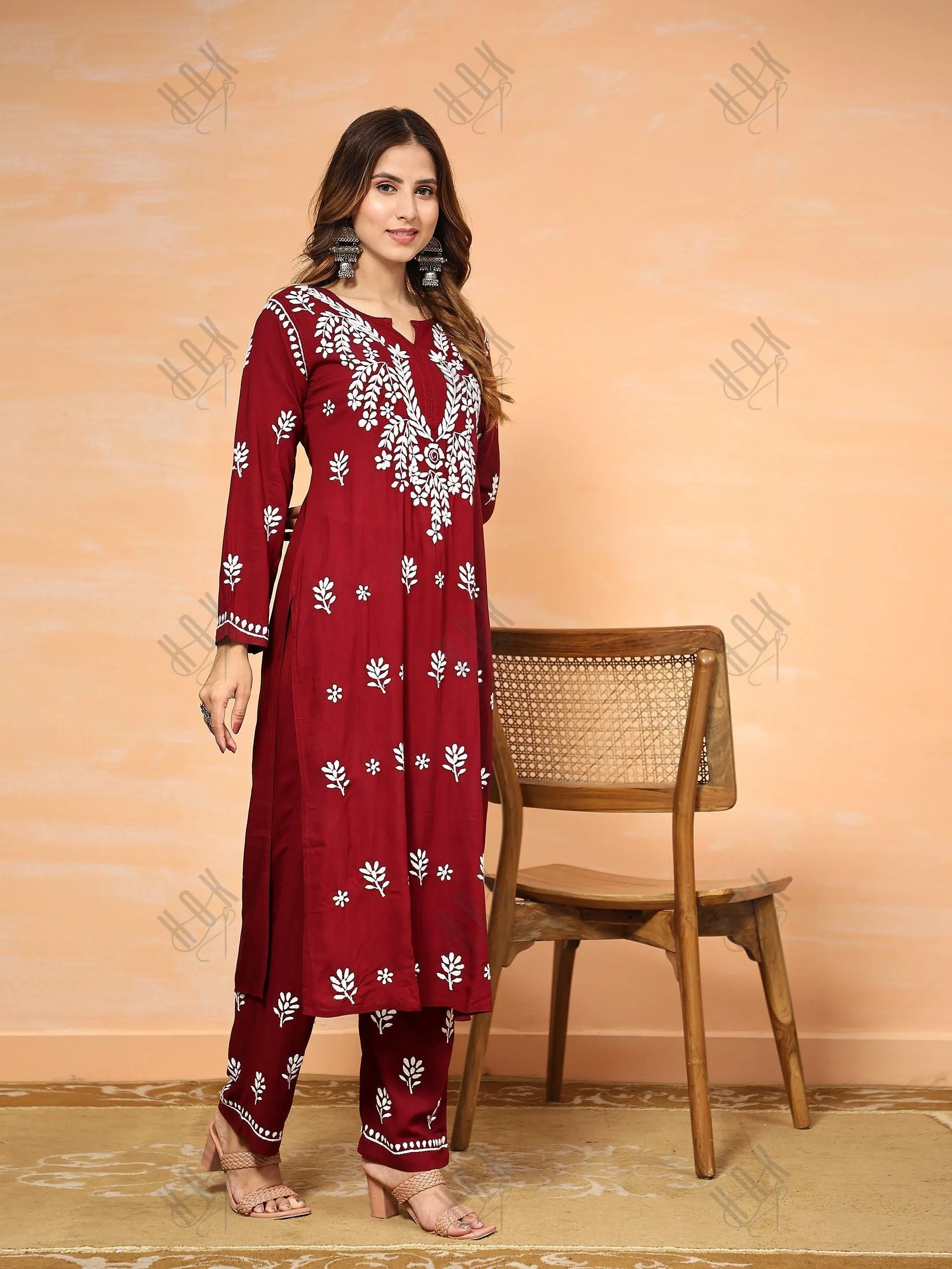 Urmi in Fizaa Chikankari  Long Modal Kurta Set - Maroon