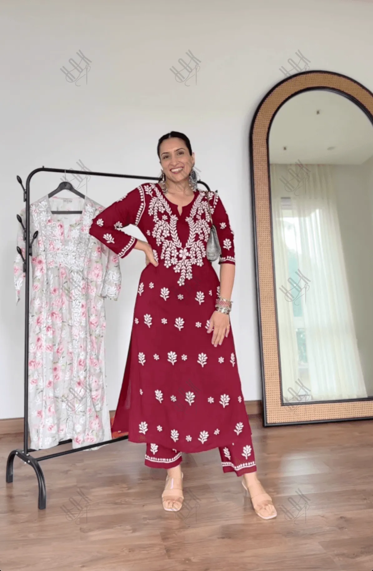 Urmi in Fizaa Chikankari  Long Modal Kurta Set - Maroon