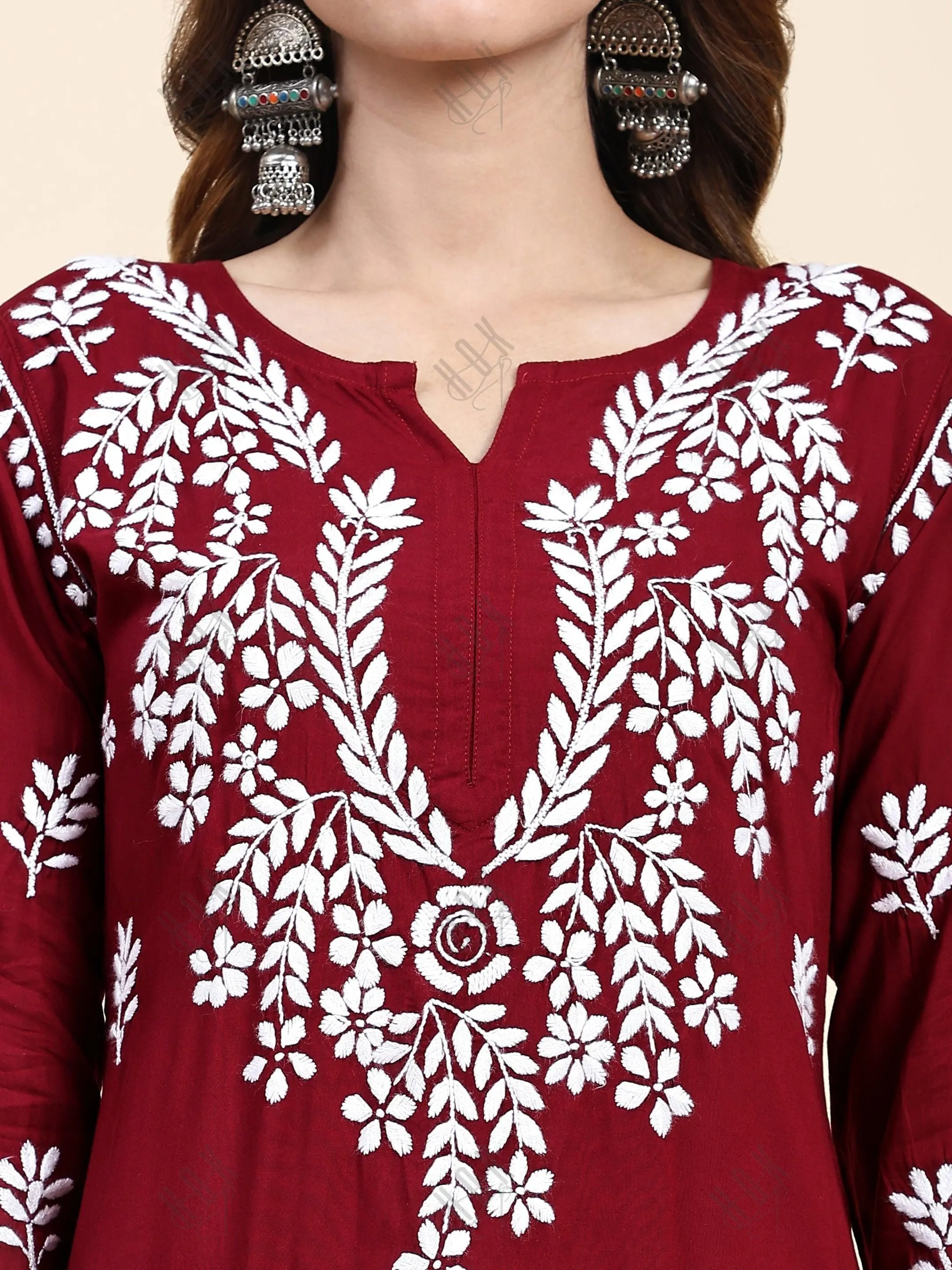 Urmi in Fizaa Chikankari  Long Modal Kurta Set - Maroon