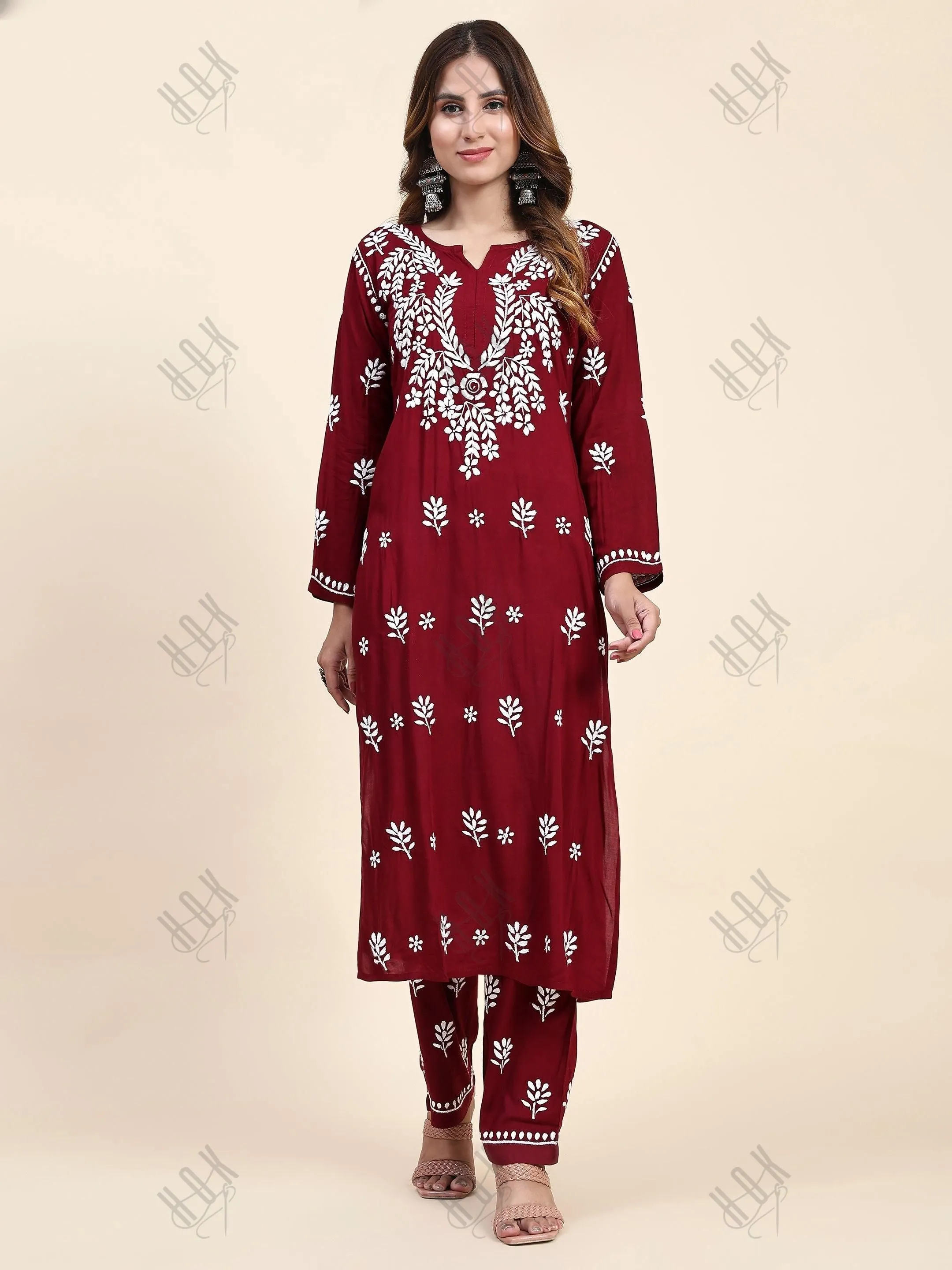 Urmi in Fizaa Chikankari  Long Modal Kurta Set - Maroon