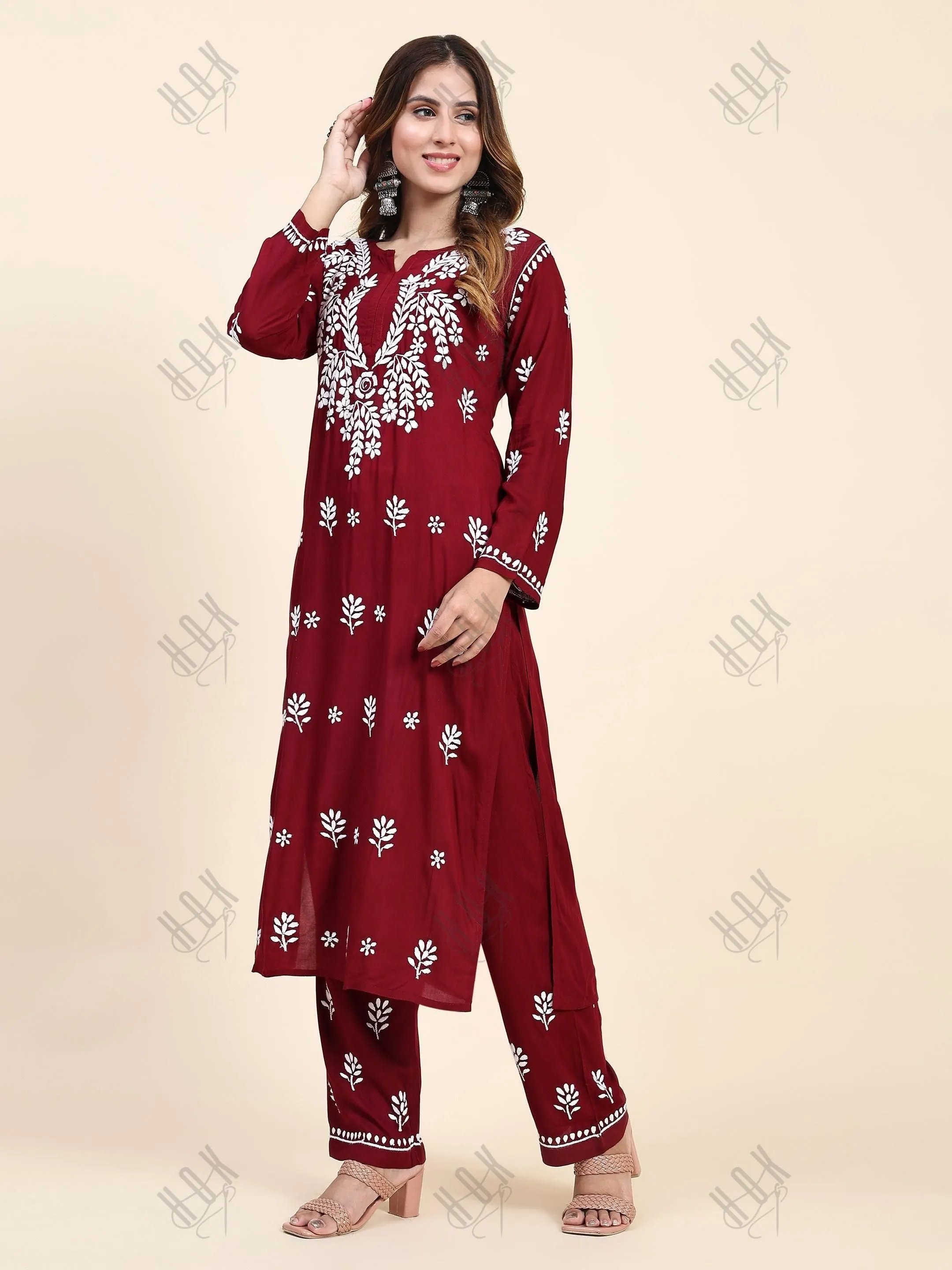 Urmi in Fizaa Chikankari  Long Modal Kurta Set - Maroon