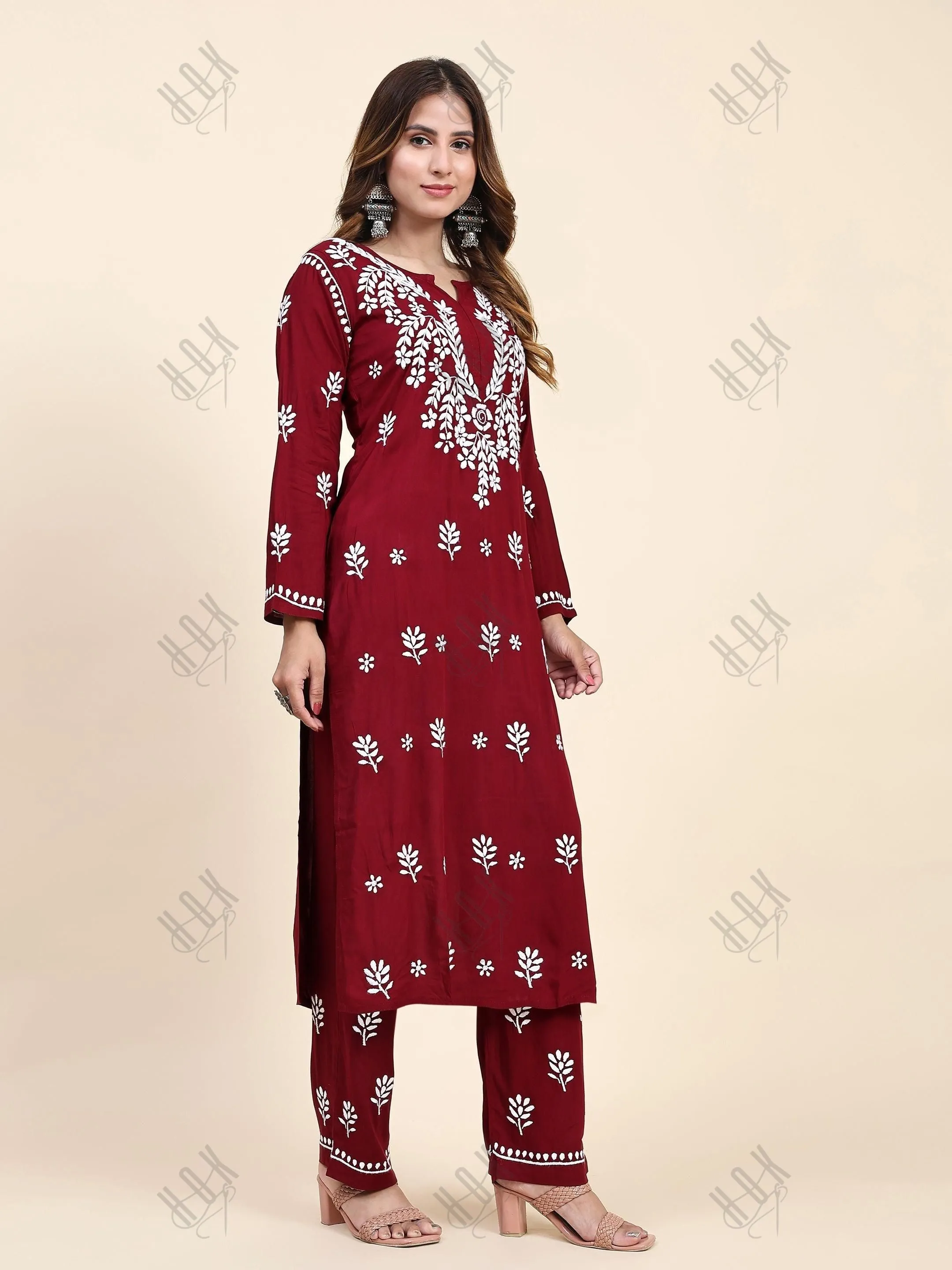 Urmi in Fizaa Chikankari  Long Modal Kurta Set - Maroon